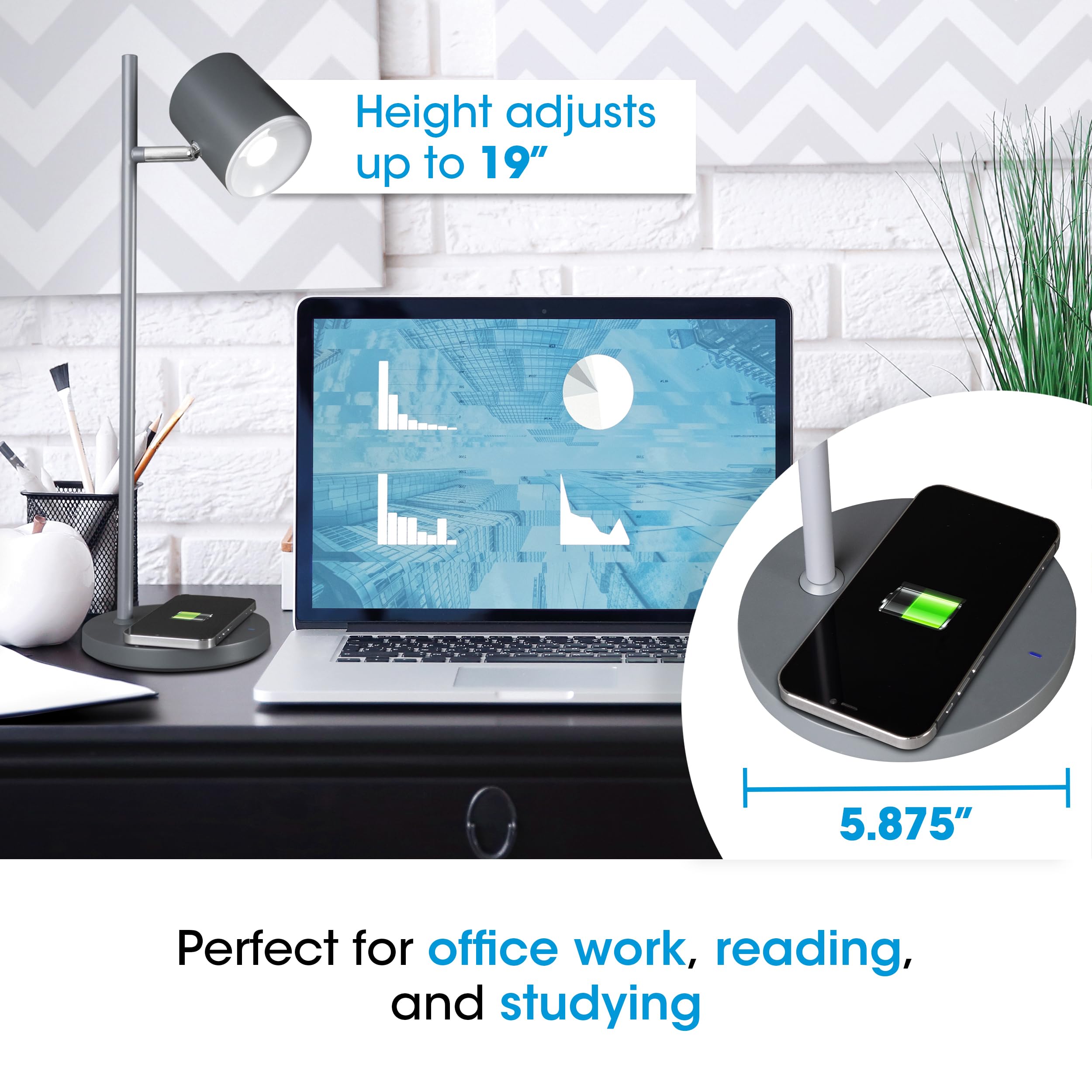 OttLite Good Housekeeping Modern LED Desk Lamp with Wireless Charger - Adjustable Dimmable Reading Light for Home Office, Study & Bedroom - Reduces Eyestrain, Perfect as Book Light & Workspace Lighting