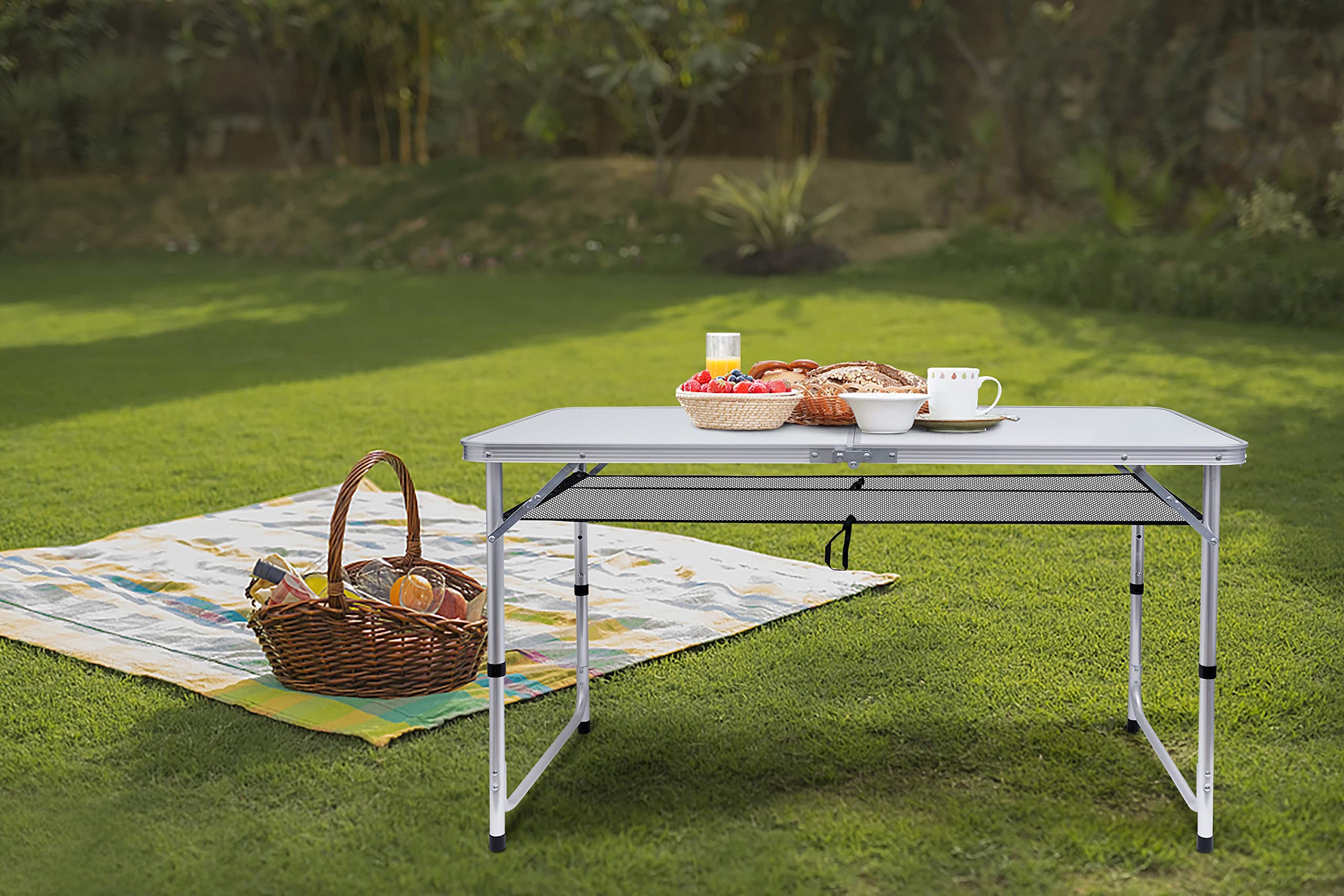 3-Level Adjustable Folding Camping Table - Lightweight Aluminum Portable Card Table with Mesh Holders & Carry Handle - Perfect for Outdoor Picnics, BBQs, Camping & Indoor Parties (Large Size)