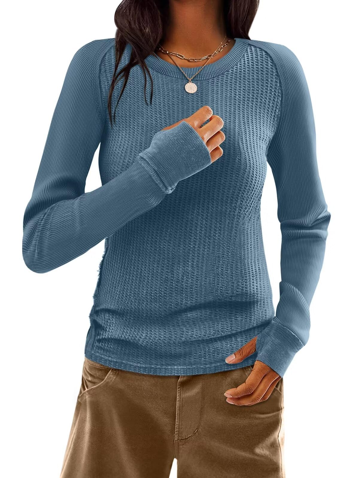 Women's Waffle Knit Thermal Long Sleeve Shirt - Slim Fit Crewneck Tops for Fall & Winter 2025 | Trendy Casual Wear for Work, Dating & Everyday Outfits