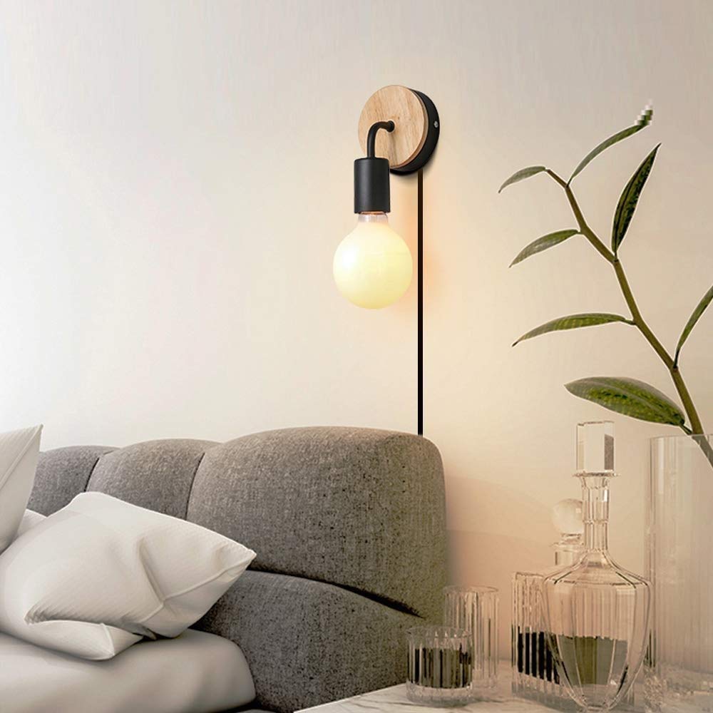 Nordic Style Wooden Wall Sconce with Plug - Minimalist E27 Wall Mounted Light Fixture for Bedroom, Closet & Hallway | Night Reading Lamp & Cozy Ambient Lighting