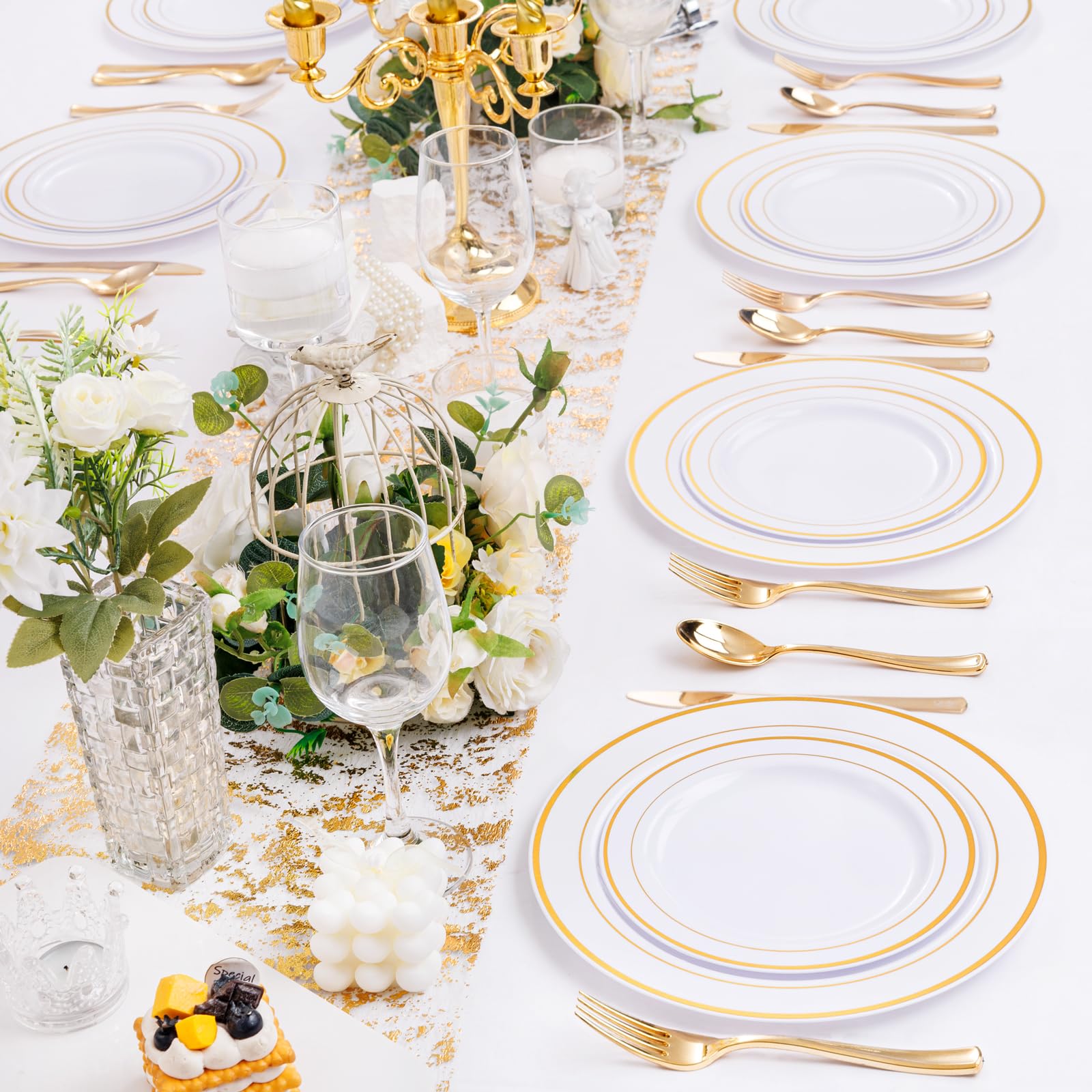 DaYammi 150-Piece Gold Plastic Dinnerware Set - 30 Gold Rim Dinner Plates, 30 Salad Plates, 30 Plastic Cutlery Sets | Elegant Disposable Tableware for Weddings, Parties, and Special Events