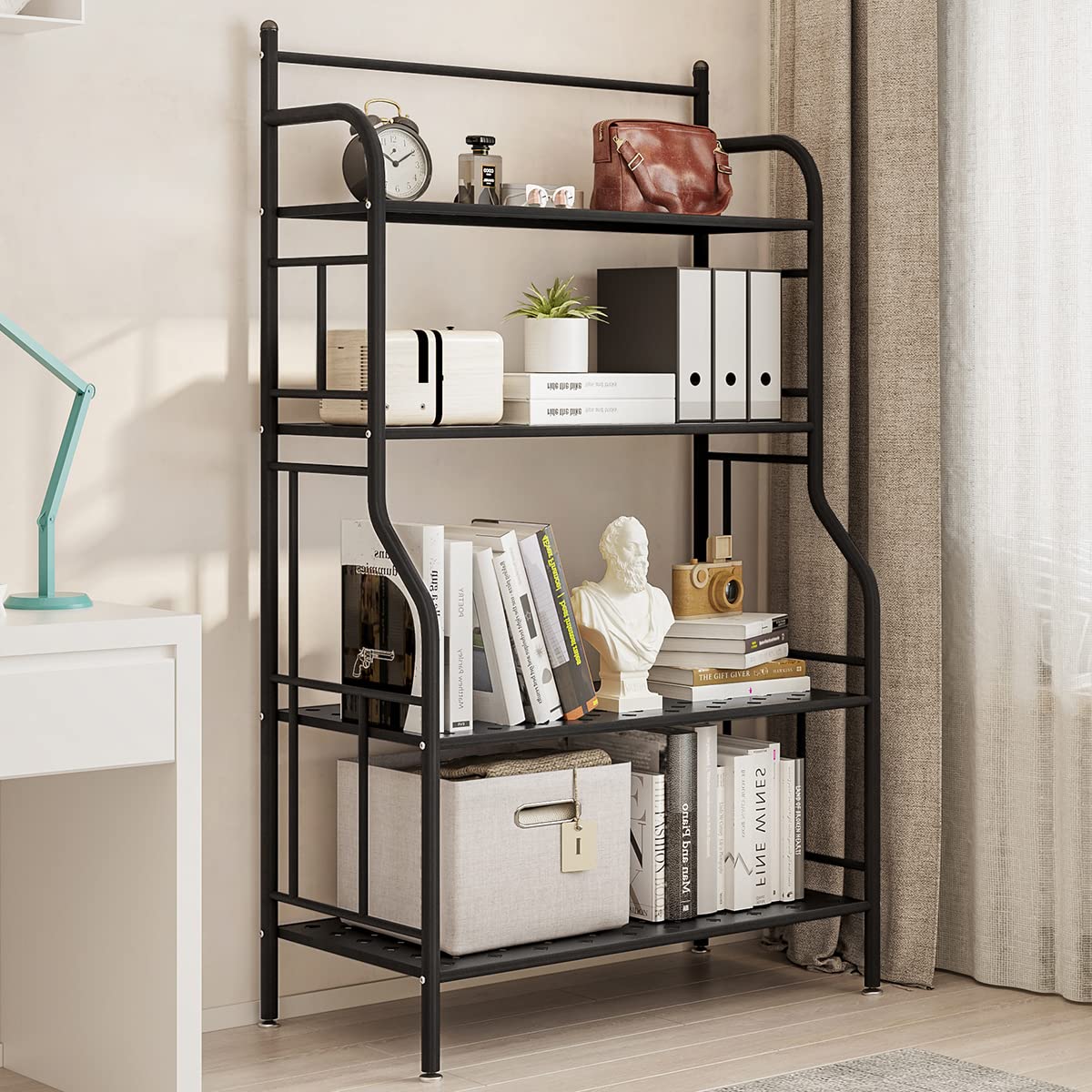 4-Tier Metal Standing Shelf - Heavy Duty Storage Shelving Unit, Iron Plant Stand & Shoe Organizer for Indoor & Outdoor Use - Perfect for Garden, Balcony, Living Room, Kitchen & Bathroom (Black) - Space-Saving Home & Office Organization Solution