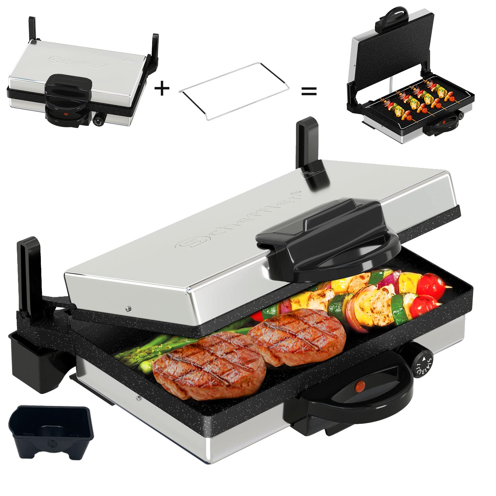**Scheffler 2000W OptiGrill Multi-Function Contact Grill - Stainless Steel Table Grill with Non-Stick Coating, Bread Baking Mold & Toaster - Perfect for Paninis, Sandwiches, Lahmacun & More**