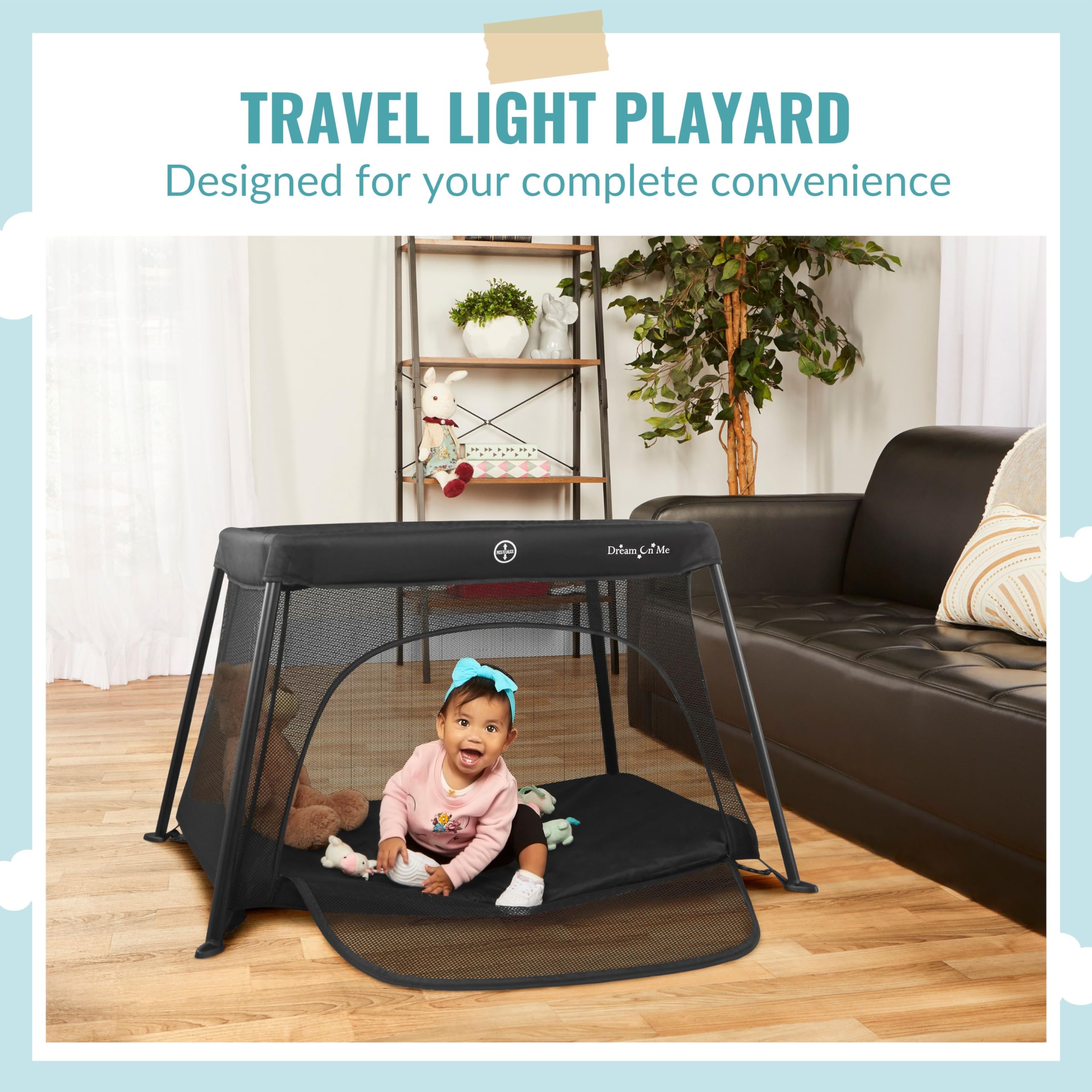 Dream On Me Travel Light Playard with Mesh Zipper Door - Portable Baby Play Yard for Travel, Home & Outdoors - Black