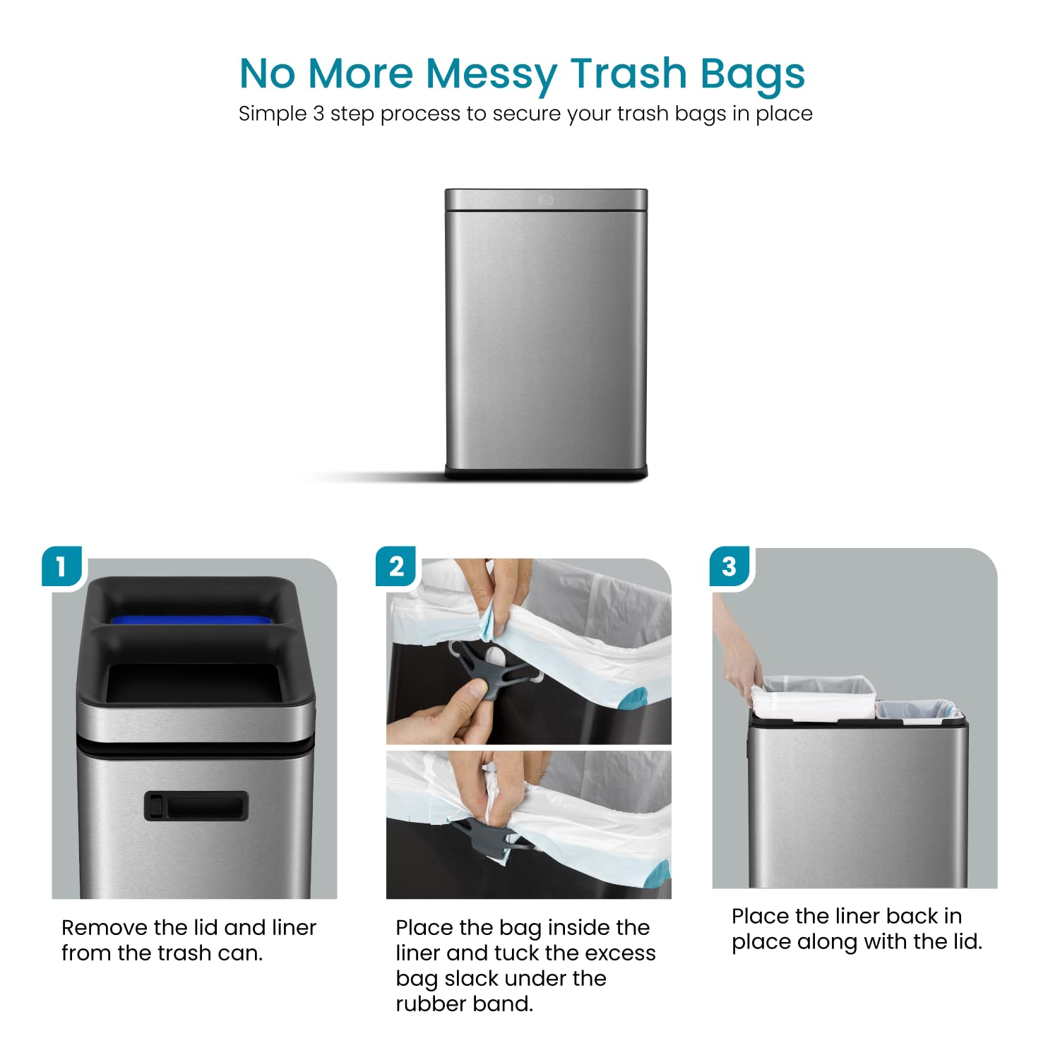 13 Gallon Stainless Steel Kitchen Trash Can with Dual Removable Liners - Open Top No Lid Design for Waste & Recycling - Perfect for Home, Office & Restaurant Use