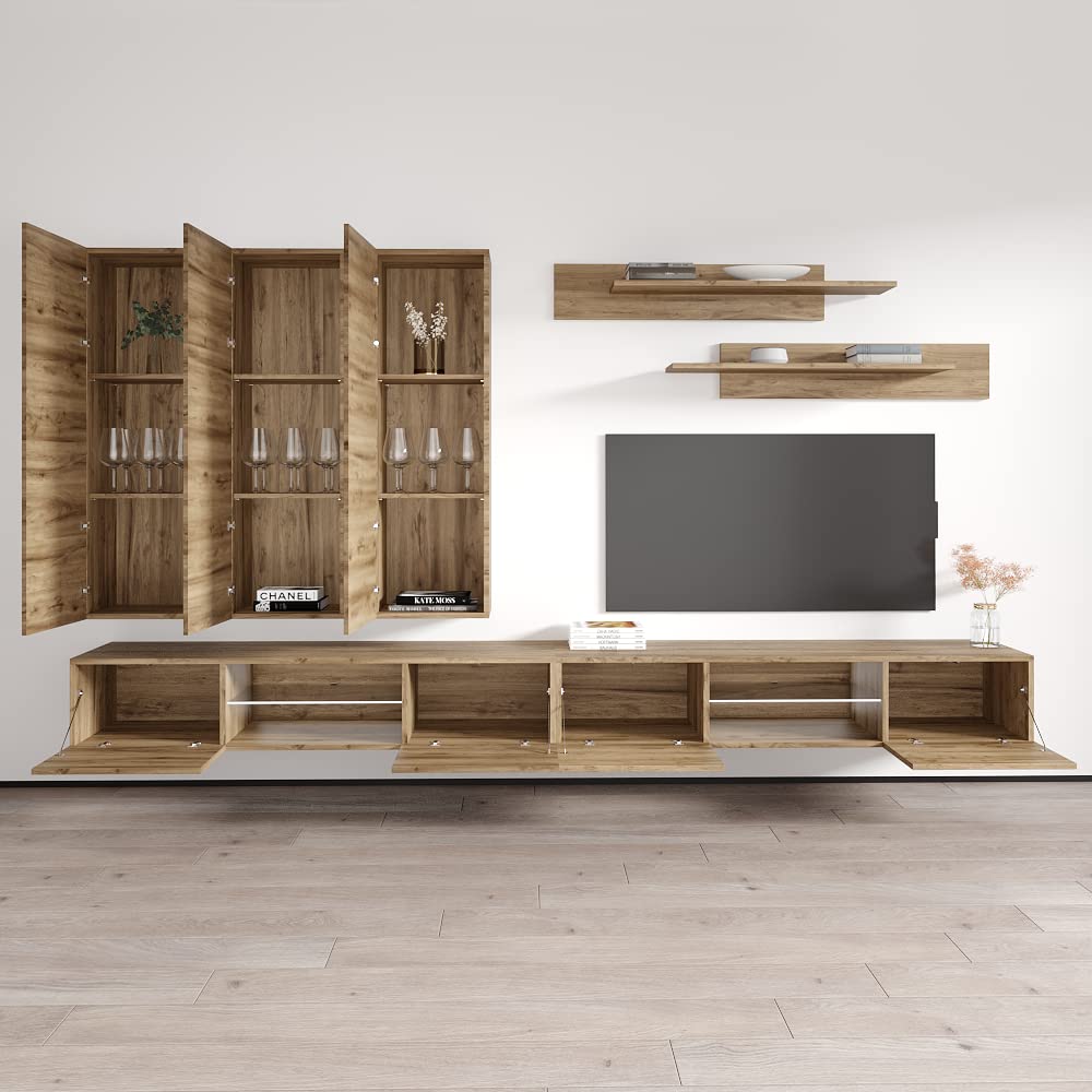 Modern Oak Wall-Mounted TV Stand with Storage Shelves - Fly CD2 33 Entertainment Center Console for Living Room & Bedroom - Space-Saving Media Storage Solution for TVs, Gaming Consoles & Home Decor