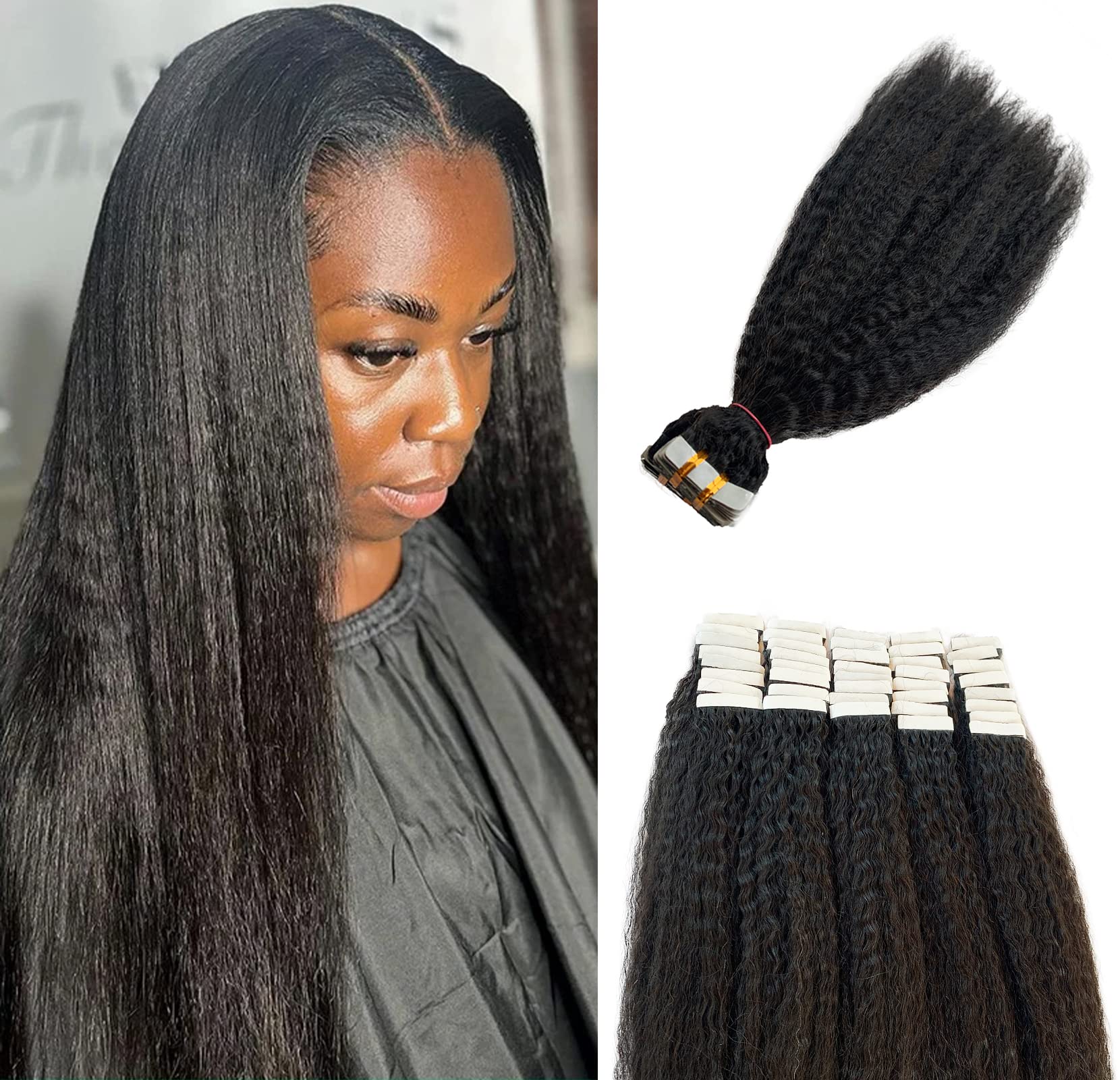 Brazilian Virgin Tape in Hair Extensions 20 Inch - 40 Pieces 100G Double Sided Human Hair for Black Women (#1B Natural Black) | Kinky Straight Tape Ins for Styling, Volume & Length | Perfect for Daily Wear, Special Occasions & Protective Hairstyles