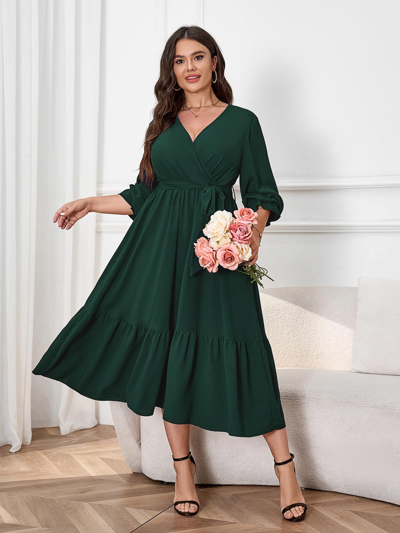 Elegant Plus Size Wedding Guest Dress for Women - Long Sleeve Wrap V-Neck Belted A-Line Maxi Dress with Ruffle Hem | Perfect for Cocktail Parties, Formal Events & Special Occasions