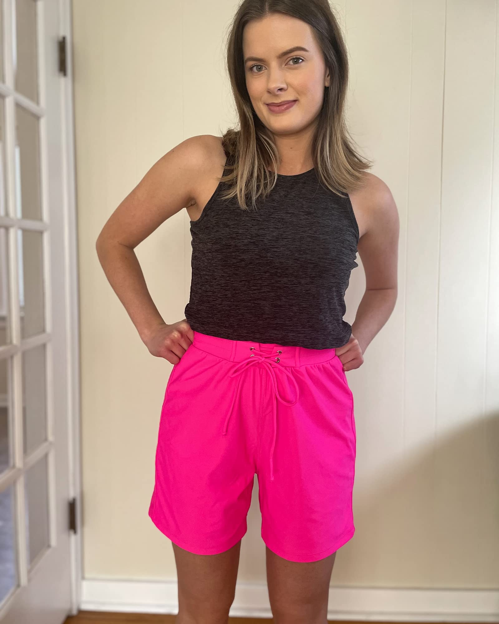 Stylish Women's Mid Waist Swim Shorts - Elastic Waist with Lace Up Detail - Long Board Shorts for Swimming & Beach Activities