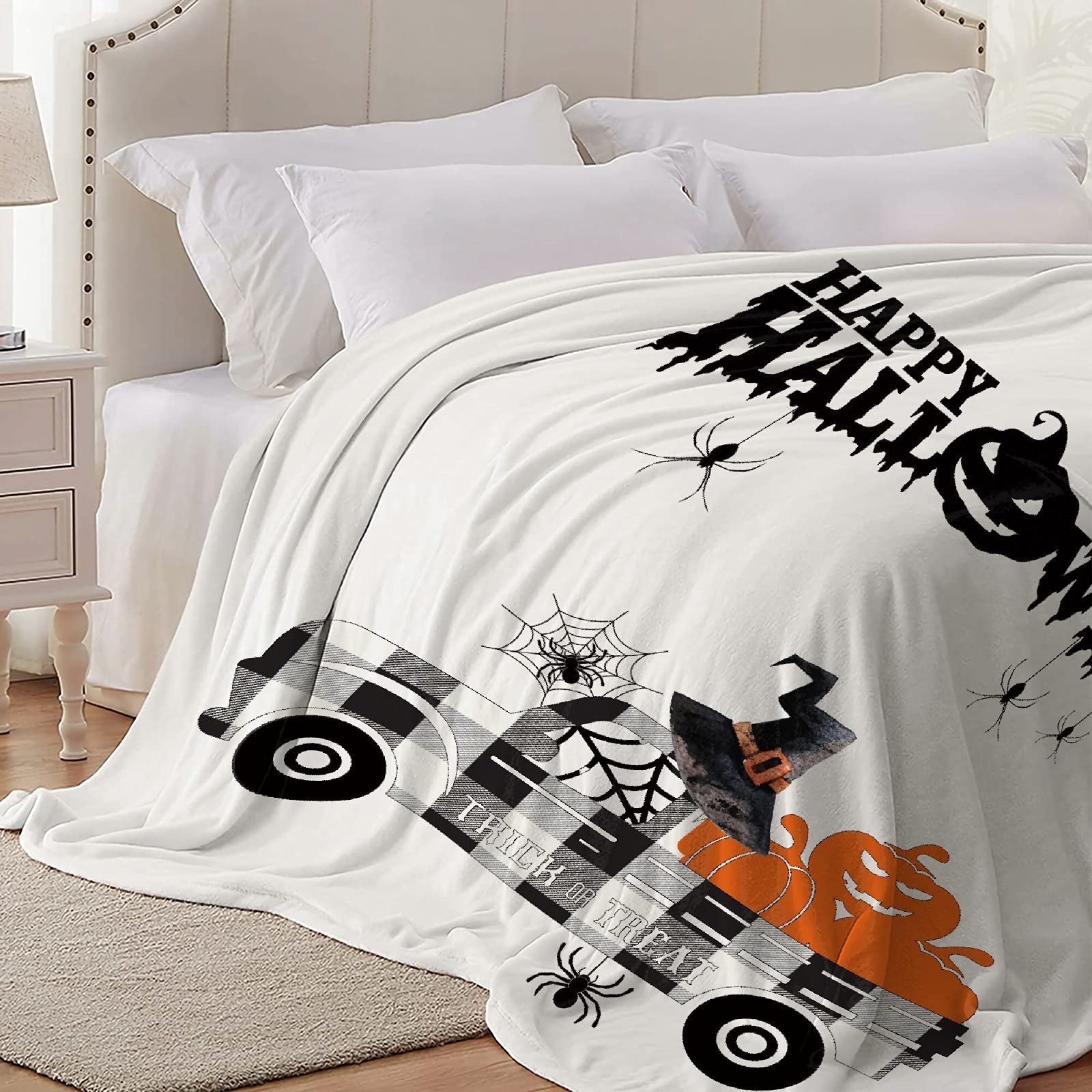 **Halloween Pumpkin Scarecrow Truck Throw Blanket - Soft Flannel Fleece Velvet Plush, Cozy Warm Fuzzy Blanket for Couch, Bed, Sofa - Anti-Pilling Family Size 90