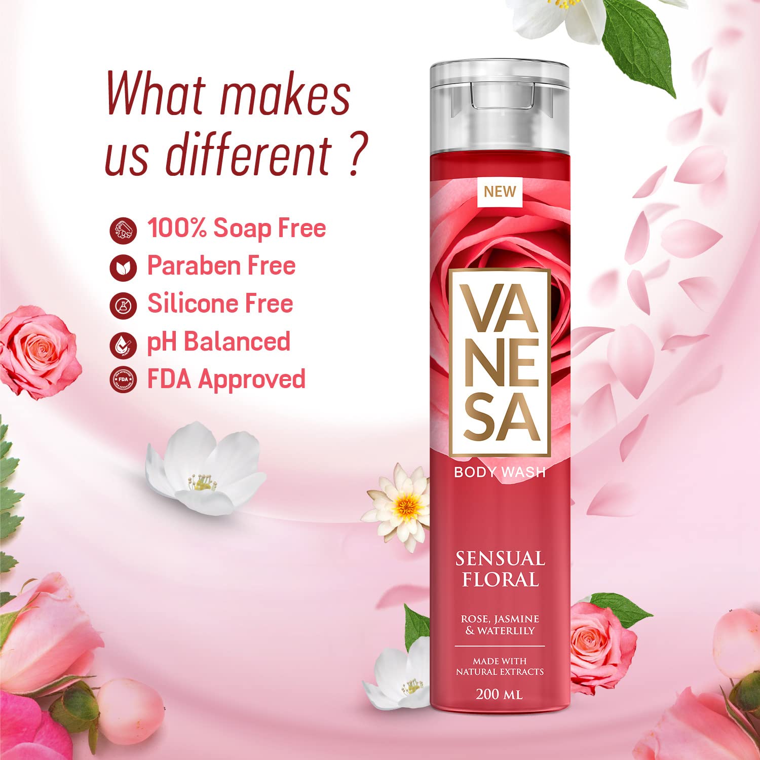 VANESA Sensual Floral Body Wash - 200ml Each (Pack of 2) | Floral Scented Shower Gel for Women | Moisturizing & Gentle Cleanser for Daily Use | Perfect for Relaxing Baths & Aromatherapy