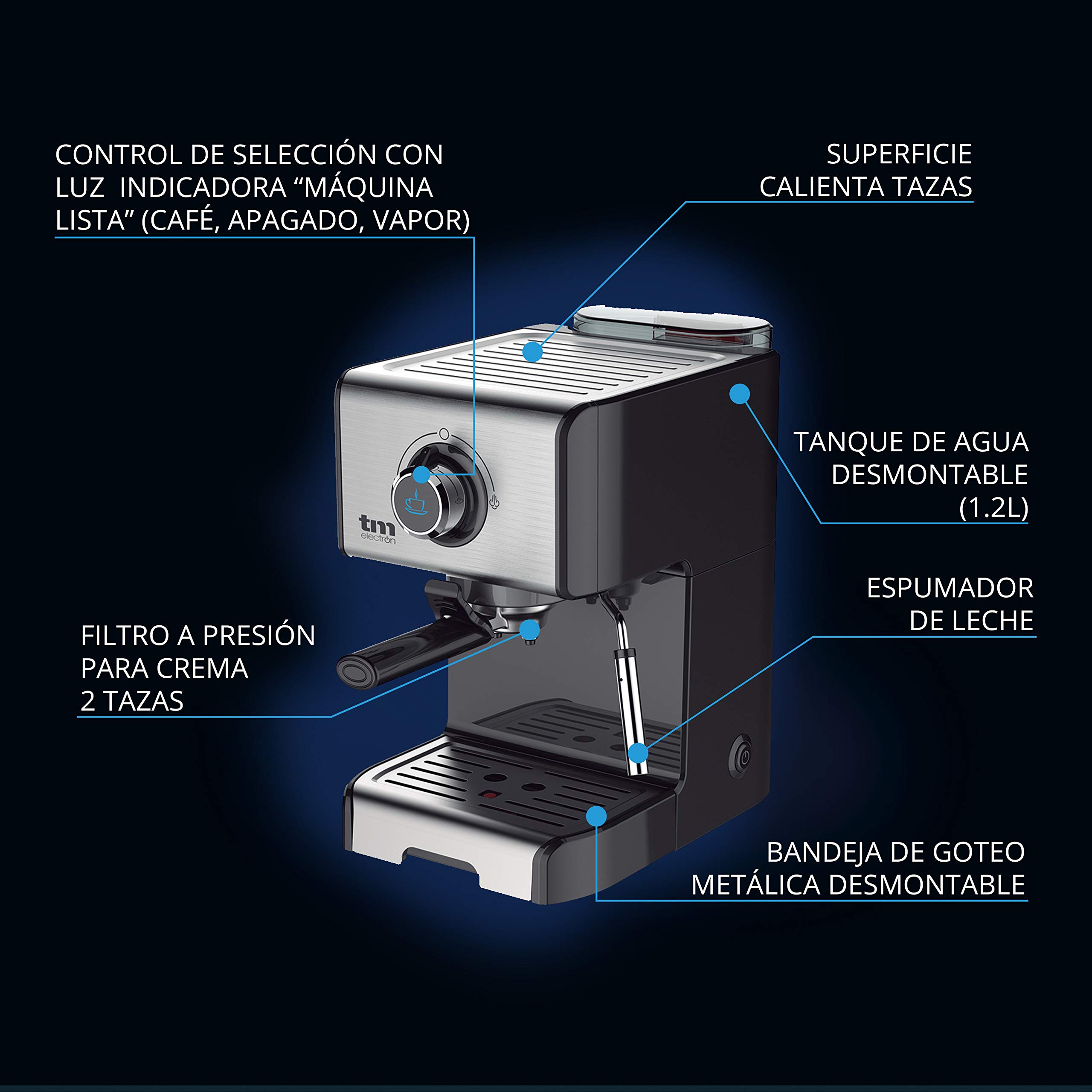 TM Electron TMPCF101 Manual Espresso Coffee Maker with 15 Bar Pressure, 1200W, 1.2L Water Tank, Milk Frother, 3 Functions, Stainless Steel - Perfect for Home, Office & Cafe Use