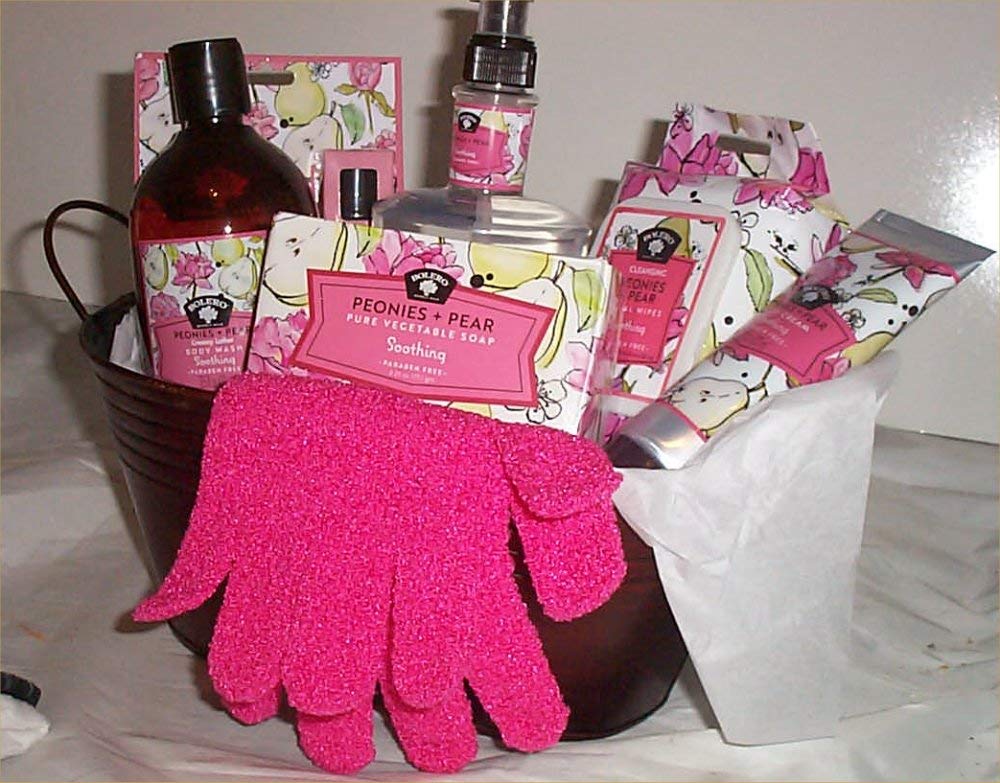 Luxury Spa Gift Basket for Women - Peony Scented Bath & Body Set with Pear Soap, Wash Gloves, Lotion & Fizzing Bath Salts in Decorative Tin | Perfect Birthday, Mother's Day & Self-Care Gifts