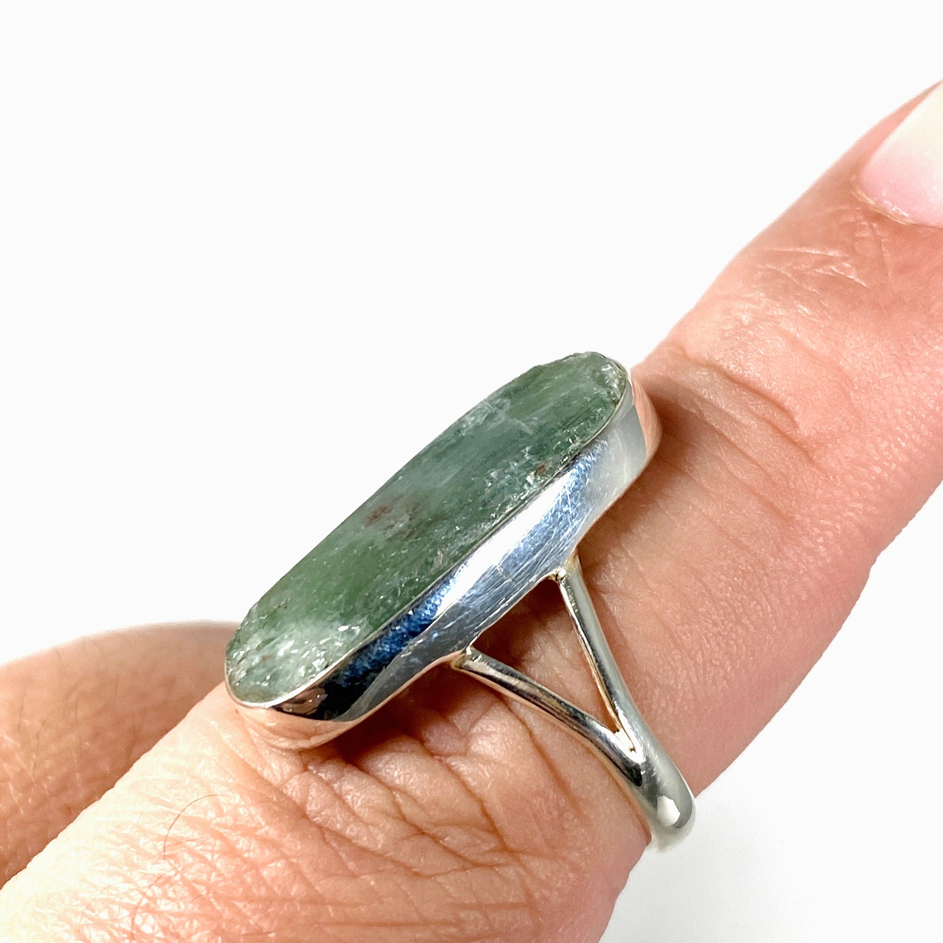 Natural Green Kyanite Oval Ring - Size 8 Sterling Silver Jewelry KRGJ2710 for Meditation & Energy Healing