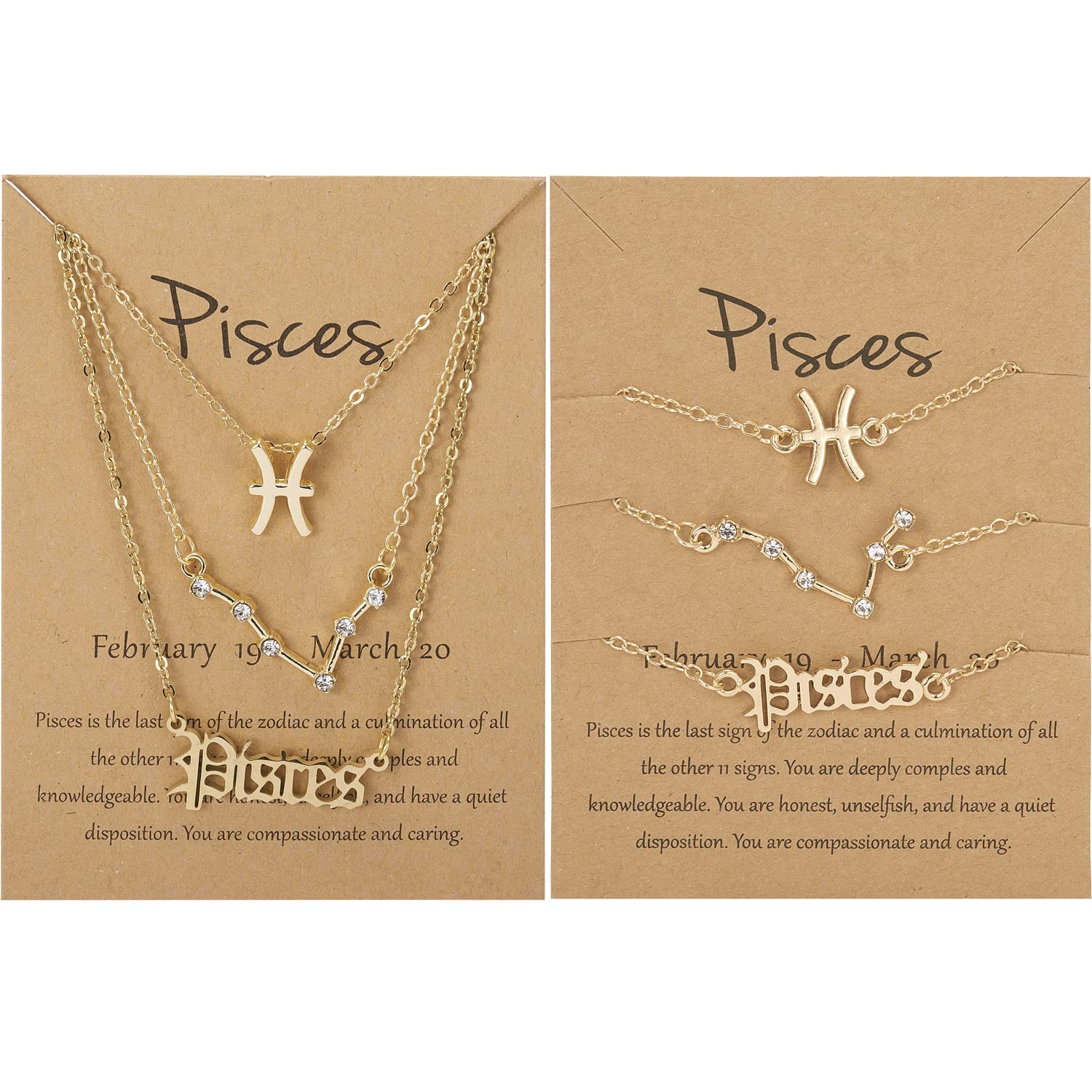 12 Constellation Zodiac Necklace & Bracelet Set for Women - 6PCS Gold Horoscope Jewelry Gift with Message Card | Birthday Present for Teen Girls, Perfect for Daily Wear, Parties & Special Occasions
