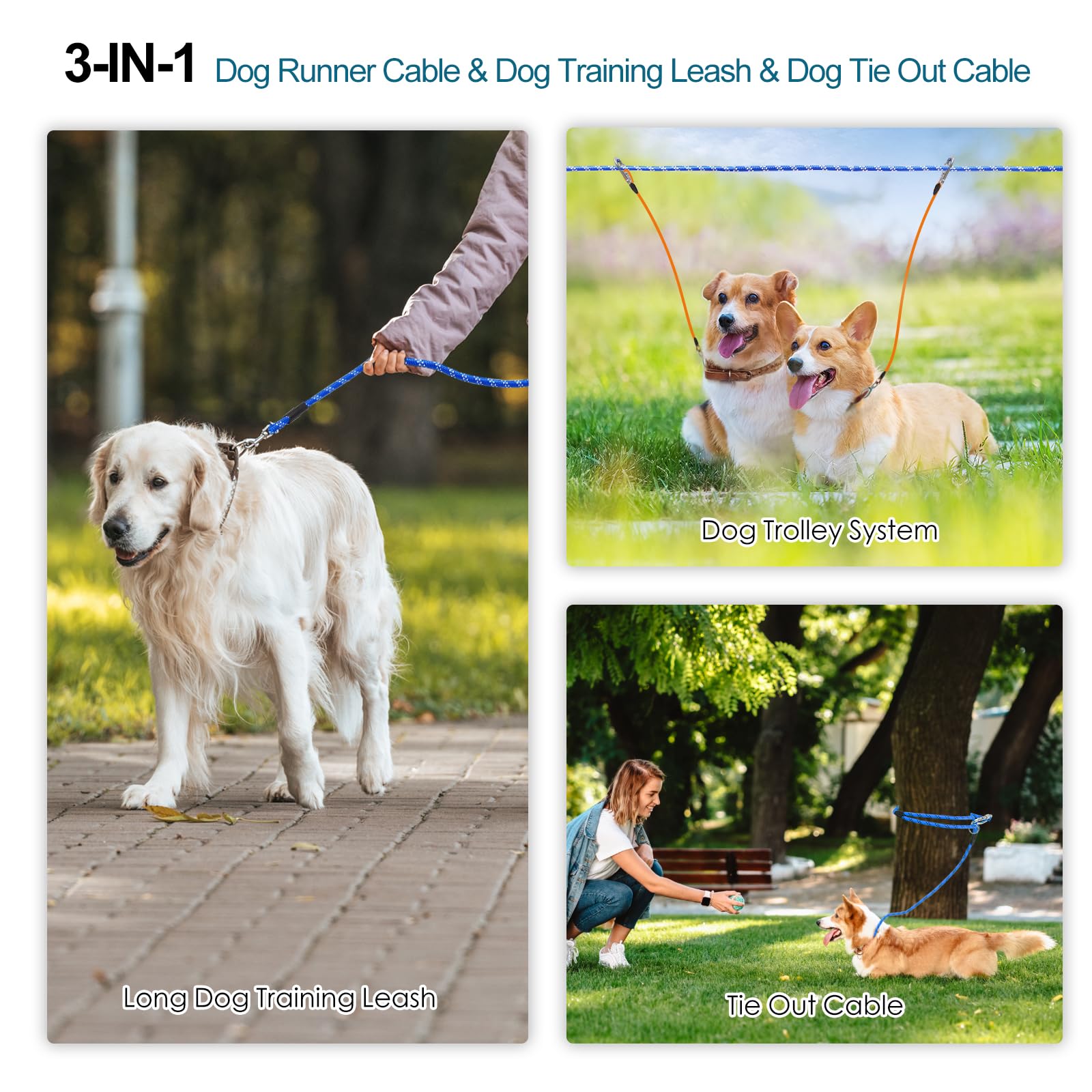 Snagle Paw 200FT Heavy Duty Dog Runner Leash - 3-in-1 Reflective Dog Tie Out Cable for Small, Medium & Large Dogs - Outdoor Training Lead for Yard, Park, Camping & Backyard (Blue, 2 Dog Pack) - Perfect for Secure Playtime, Exercise & Outdoor Adventures
