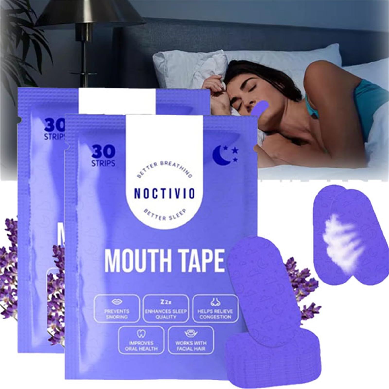 Noctivo Anti-Snoring Mouth Tape for Sleep Apnea - Comfortable Breathable Sleeping Strips (2 Pack) - Stop Snoring Naturally & Improve Sleep Quality for Side/Back Sleepers