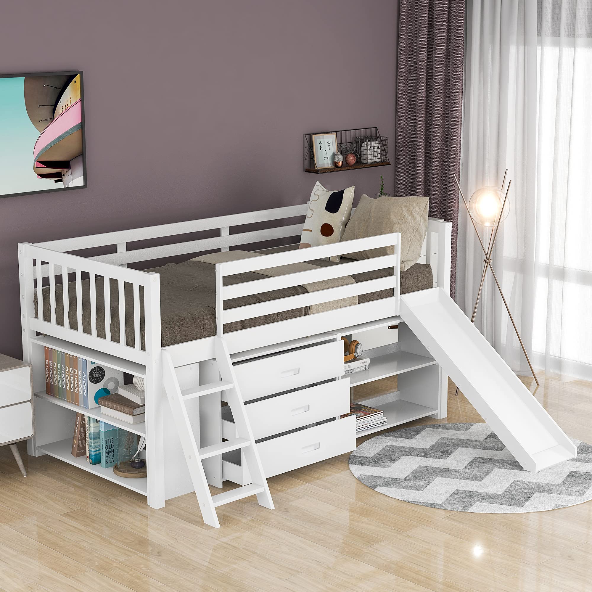 Low Loft Bed with Bookcases & 3-Tier Drawers - Wooden Bed Frame with Convertible Ladder & Slide - No Box Spring Needed - White - Perfect for Kids' Rooms, Small Spaces & Multi-Functional Bedroom Furniture
