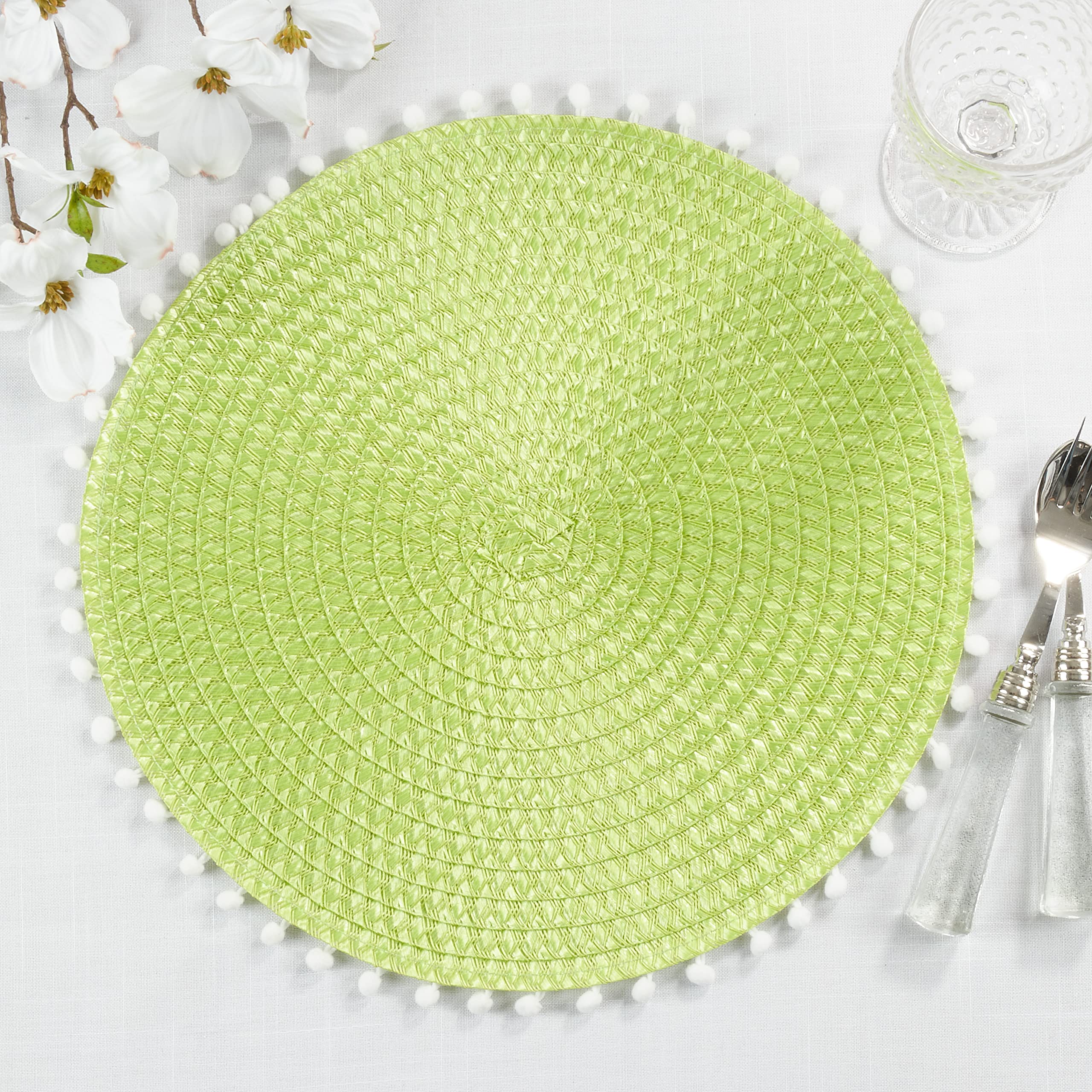 Pom Pom Design Placemats Set of 4 - Waterproof Round Table Mats for Dining, Kitchen, Party Decor - Boho Chic Home Decor for Thanksgiving, Christmas, and Everyday Use