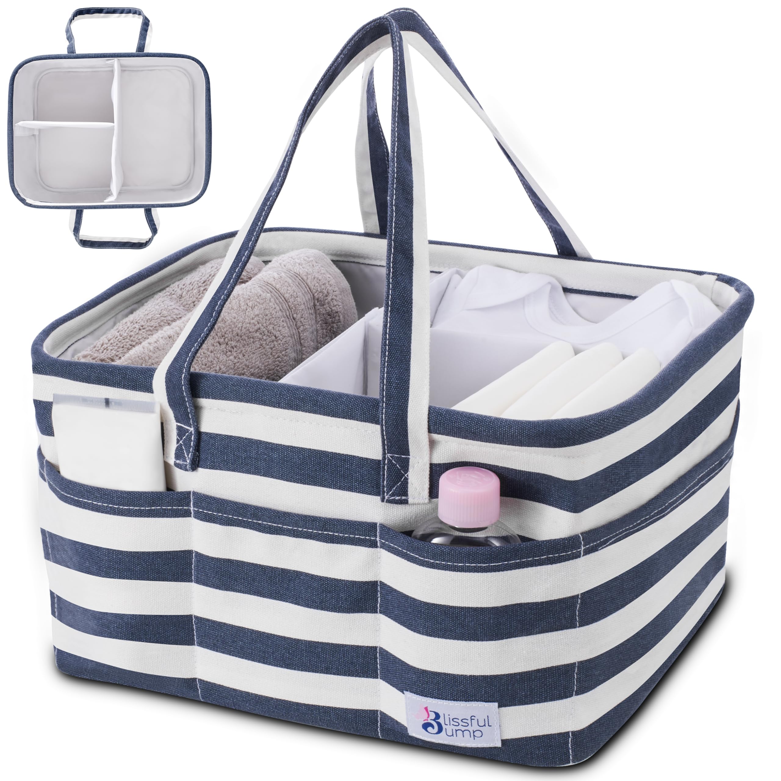 Extra Large Baby Diaper Caddy Organizer - Newborn Diaper Bag Storage with Striped White & Navy Blue Design by Blissful Bump | Perfect for Nursery, Baby Shower Gifts & On-the-Go Parents