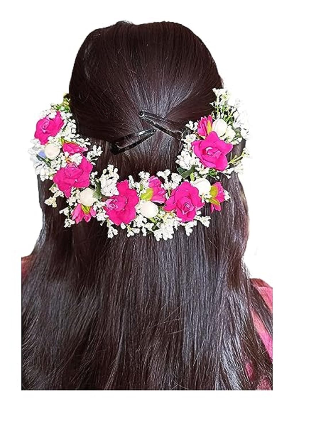 Elegant Pink Rose Flower Bridal Wedding Hair Gajra | Lower Juda/Gajra Hair Accessories for Women & Girls | Perfect for Indian Weddings, Mehendi & Sangeet Ceremonies