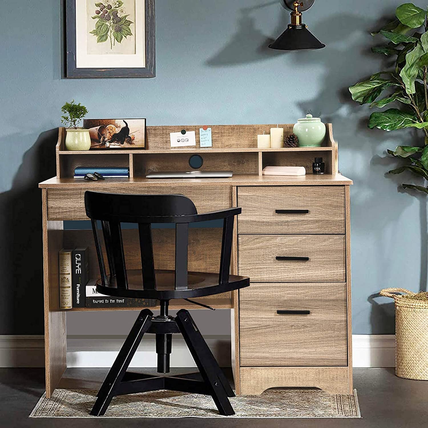Modern Farmhouse Computer Desk with 4 Drawers & Hutch - Small Office Desk with File Storage, Wooden Writing Table for Home Office, Study & Bedroom - Perfect for Remote Work, Online Learning & Small Space Organization (Grey)