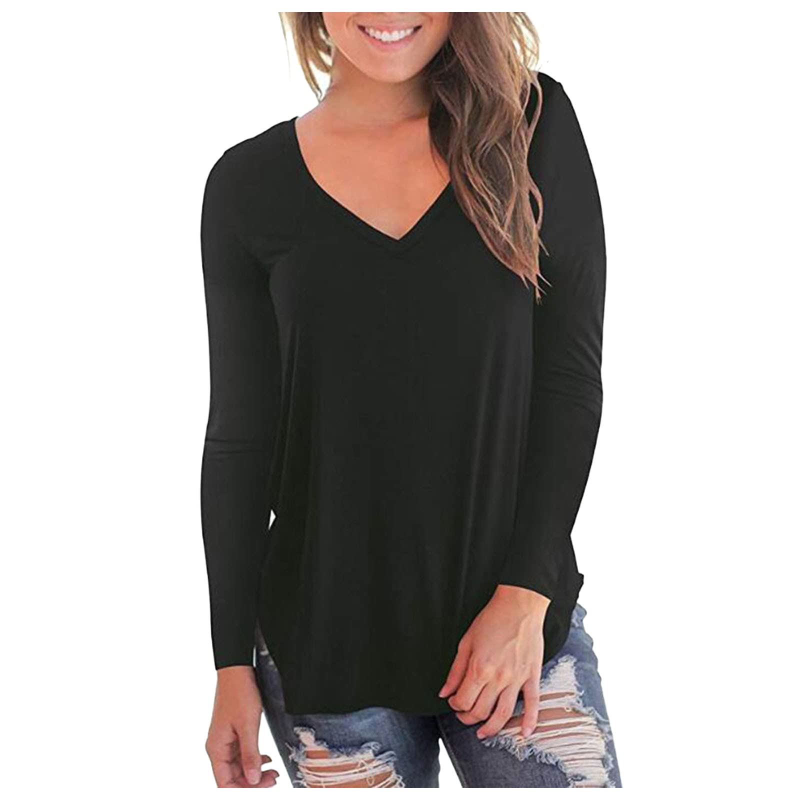 Women's Casual Long Sleeve V-Neck T-Shirt - Solid Color Loose Fit Basic Top for Fall | Comfortable Everyday Wear, Layering & Outfit Styling