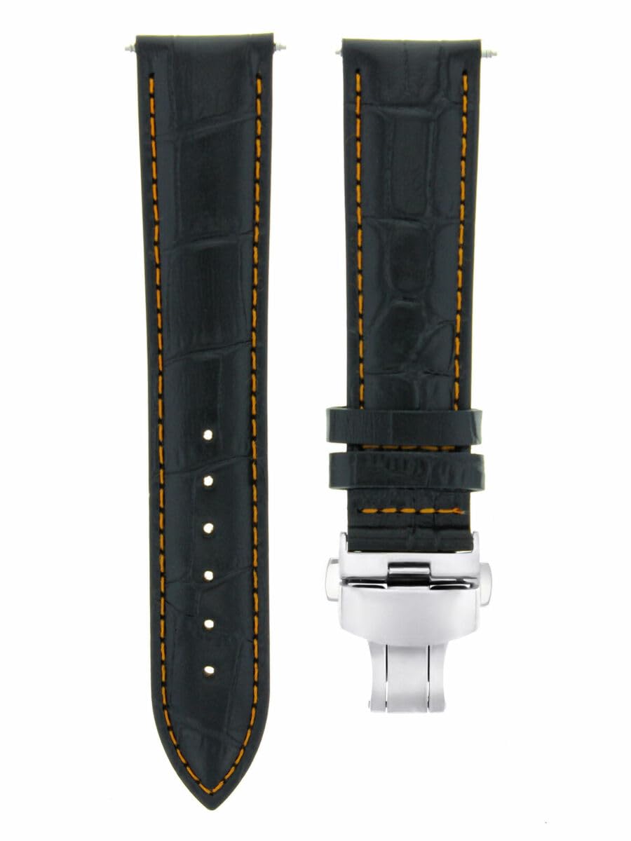 19mm Genuine Leather Watch Band Strap - Compatible with Longines Watches - Black with Orange Stitching - Deployment Clasp - Replacement Watch Strap for Men & Women - Perfect for Business, Casual & Formal Occasions