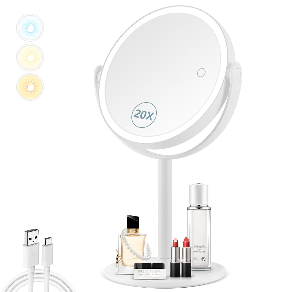 20X Magnifying Makeup Mirror with LED Lights - 3 Color Adjustable Light Modes, Double-Sided Switch, 8.6 Inch - Perfect for Professional Makeup Application, Skincare Routine & Precise Grooming at Home or Salon