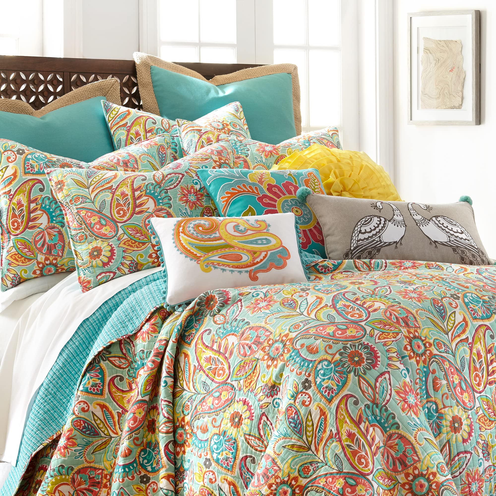 Levtex Home Palisades King Size Quilt Set - 100% Cotton Reversible Paisley Design in Teal Blue | Perfect for Master Bedroom, Guest Room & Cozy Home Decor