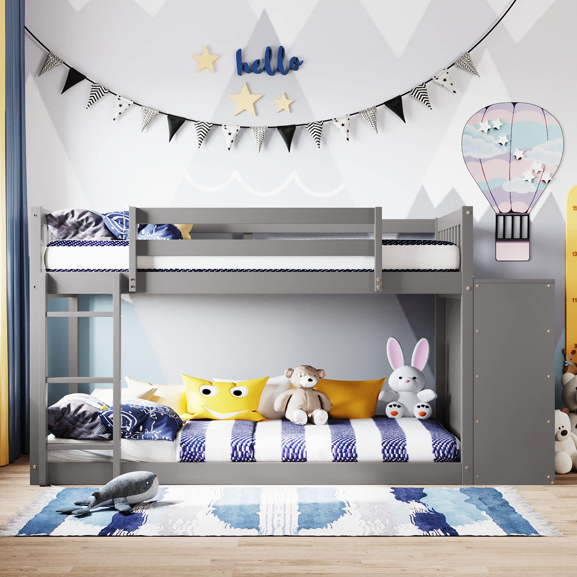 Twin Over Twin Bunk Bed with Storage - Solid Wood Bunk Bed with 4 Drawers & 3 Shelves - Space-Saving Kids, Teens & Adults Bunk Bed (Gray) | Perfect for Small Bedrooms, Guest Rooms & Vacation Homes