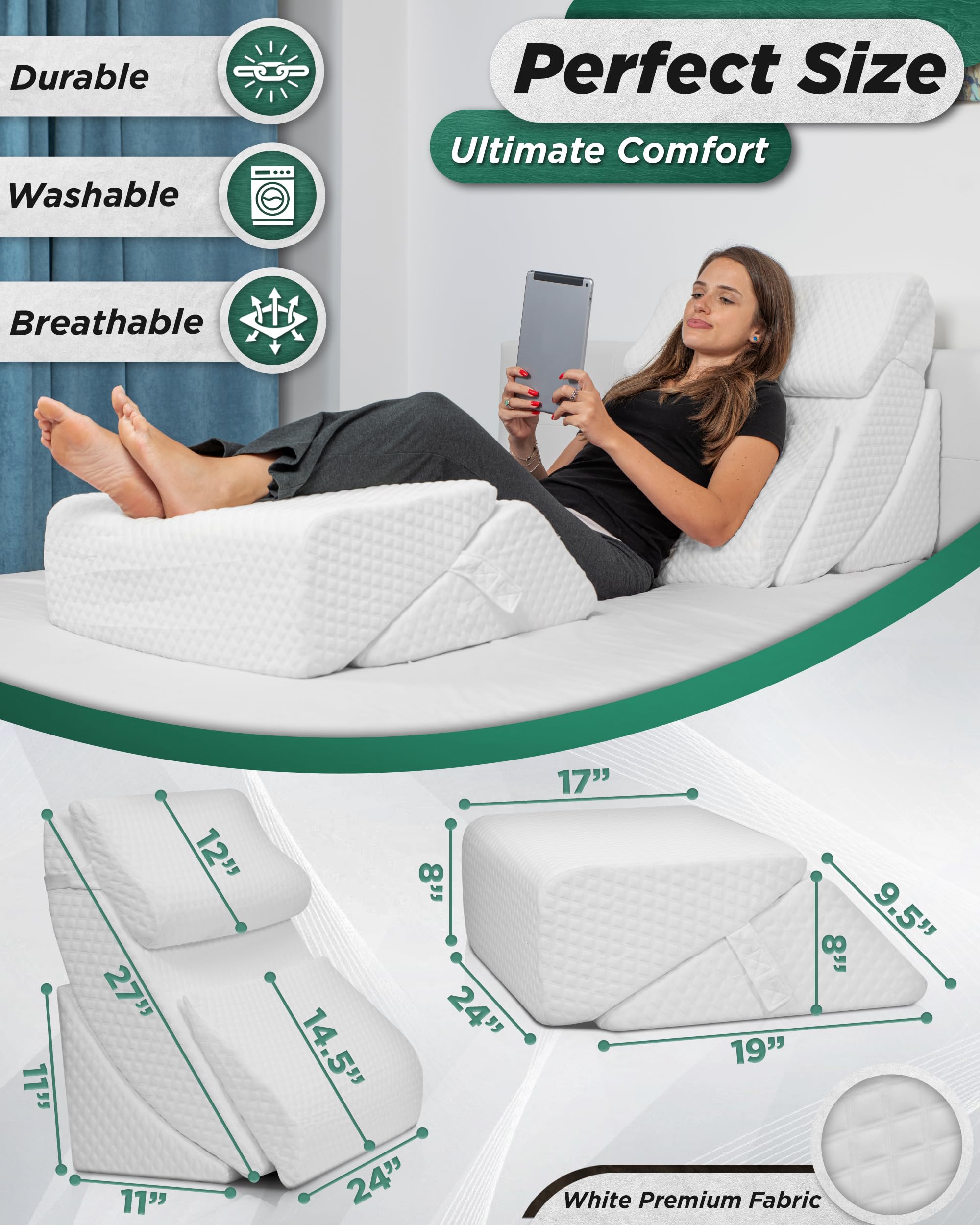 6-Piece Orthopedic Bed Wedge Pillow Set for Back, Neck & Leg Pain Relief - Post-Surgery Memory Foam Support Pillows with Adjustable Height for Sleeping, Acid Reflux, GERD - Includes Hot & Cold Therapy Pack (White) - Perfect for Recovery, Comfort & Pain Management at Home