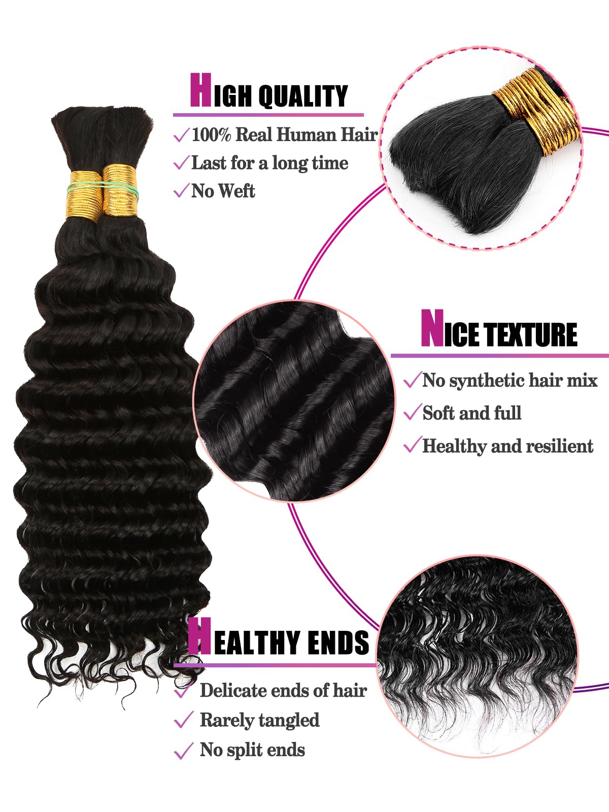 1B Black Deep Wave Bulk Human Hair for Braiding - 18 Inch No Weft Curly Hair Extensions (100g) | Perfect for Boho Braids, Wet & Wavy Styles, Protective Hairstyles & Natural Hair Care
