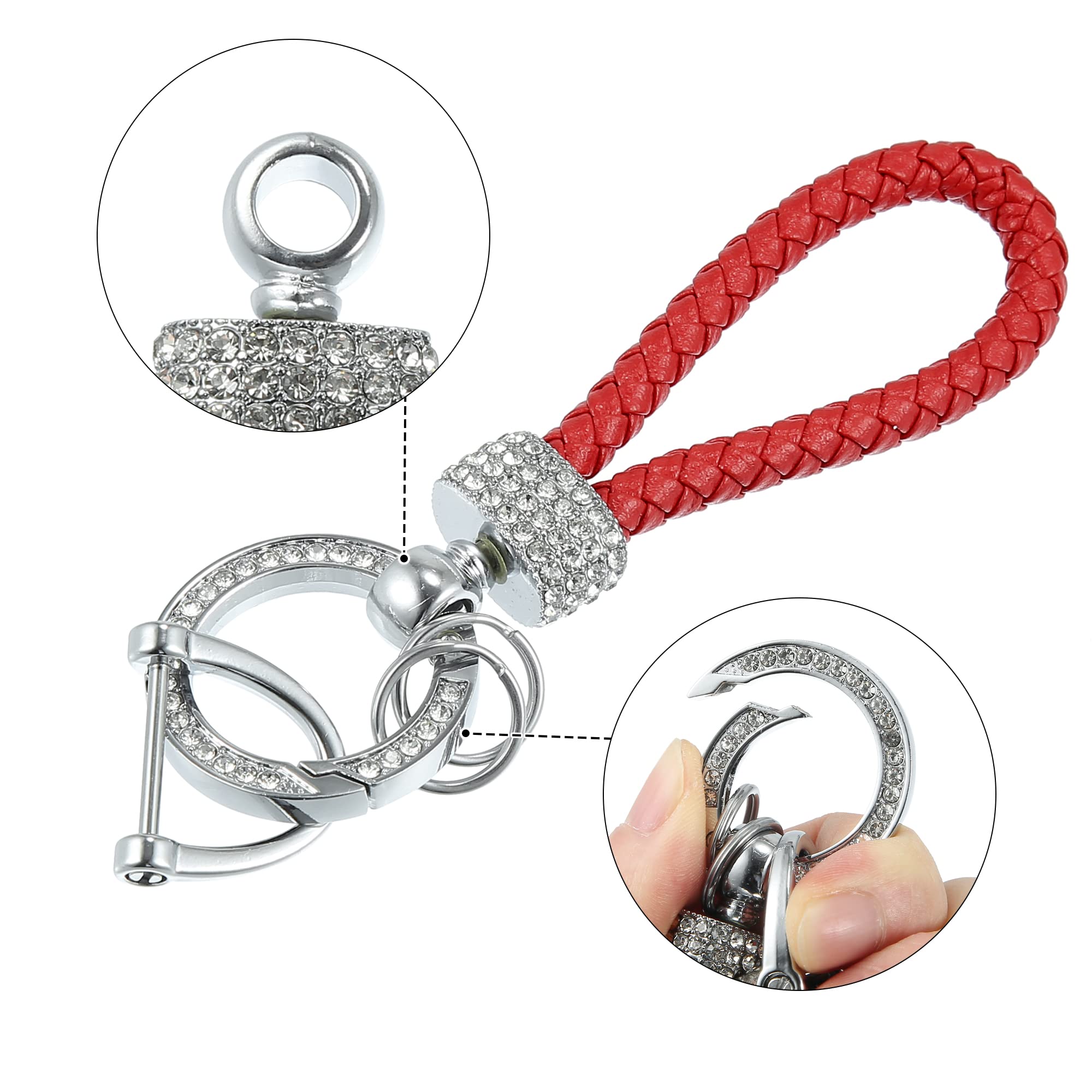 X AUTOHAUX Braided PU Leather Car Key Chain with 360° Rotatable D-Ring - Stylish Key Holder for Men & Women (Red) - Perfect for Key Organization, Car Keys, and Everyday Carry Accessories