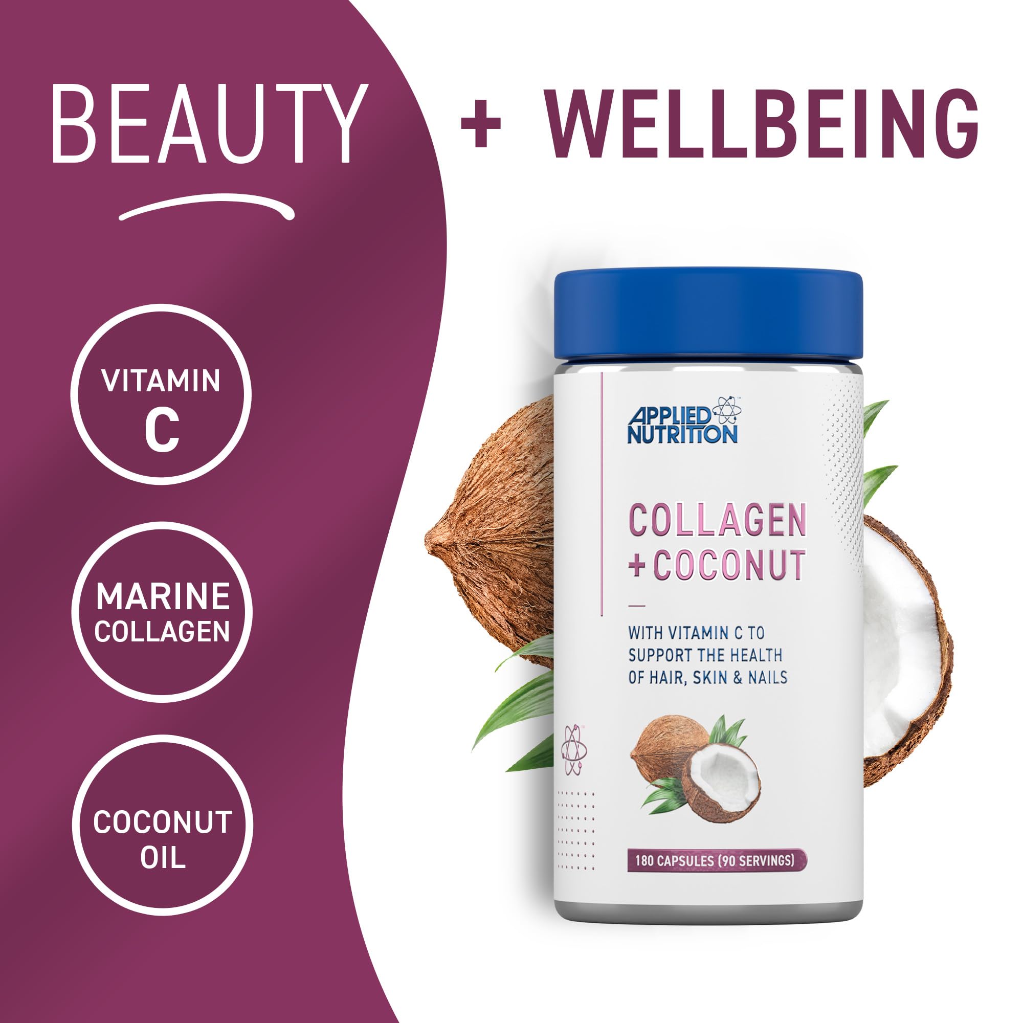 Applied Nutrition Collagen + Coconut Supplement - 180 Capsules | Supports Skin, Hair & Joint Health | Perfect for Daily Beauty & Wellness Routine