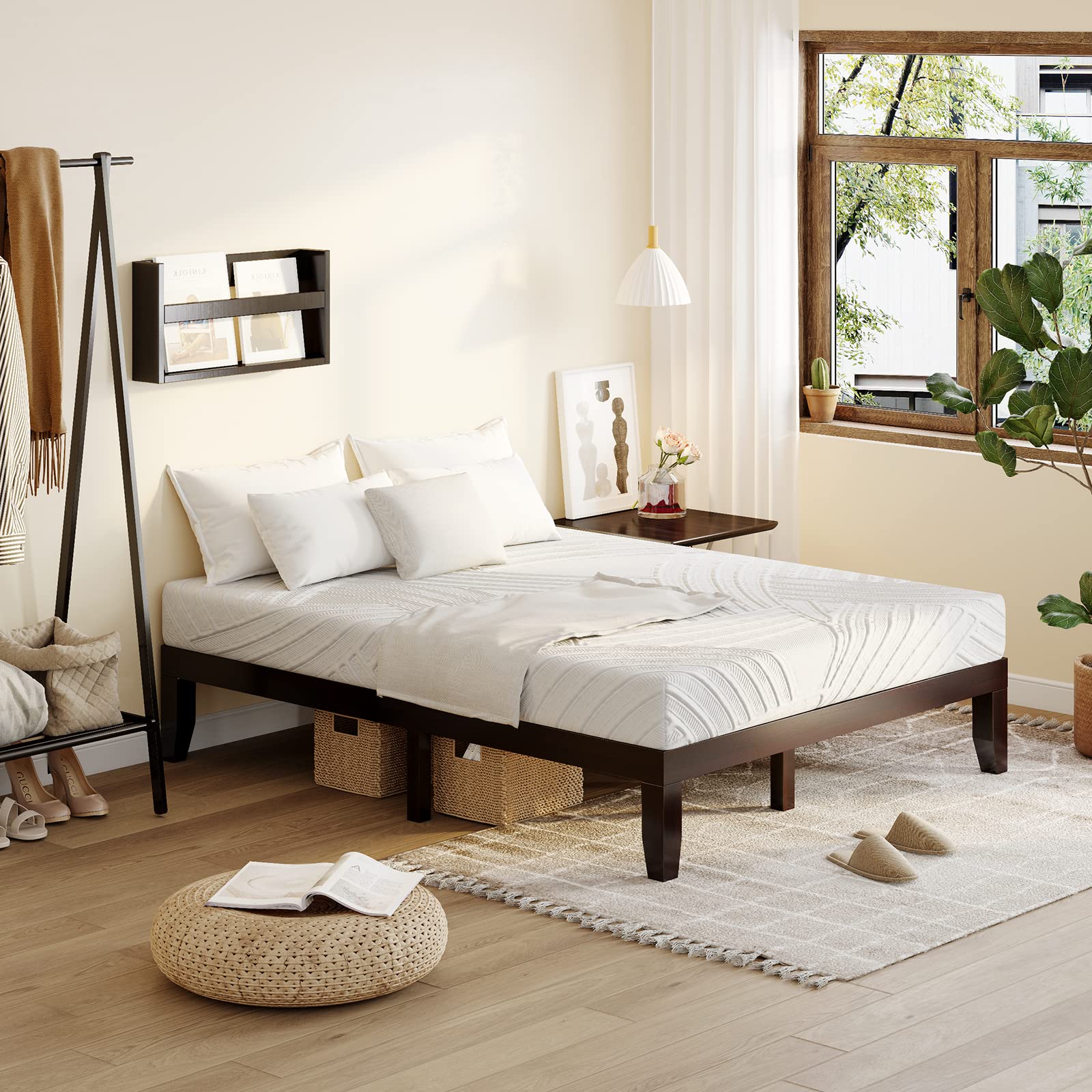14 Inch Solid Wood Platform Bed Frame Full Size - Dark Brown Rubber Wood & Poplar Slat Support - No Box Spring Needed - Perfect for Modern Bedrooms, Guest Rooms & Dormitories