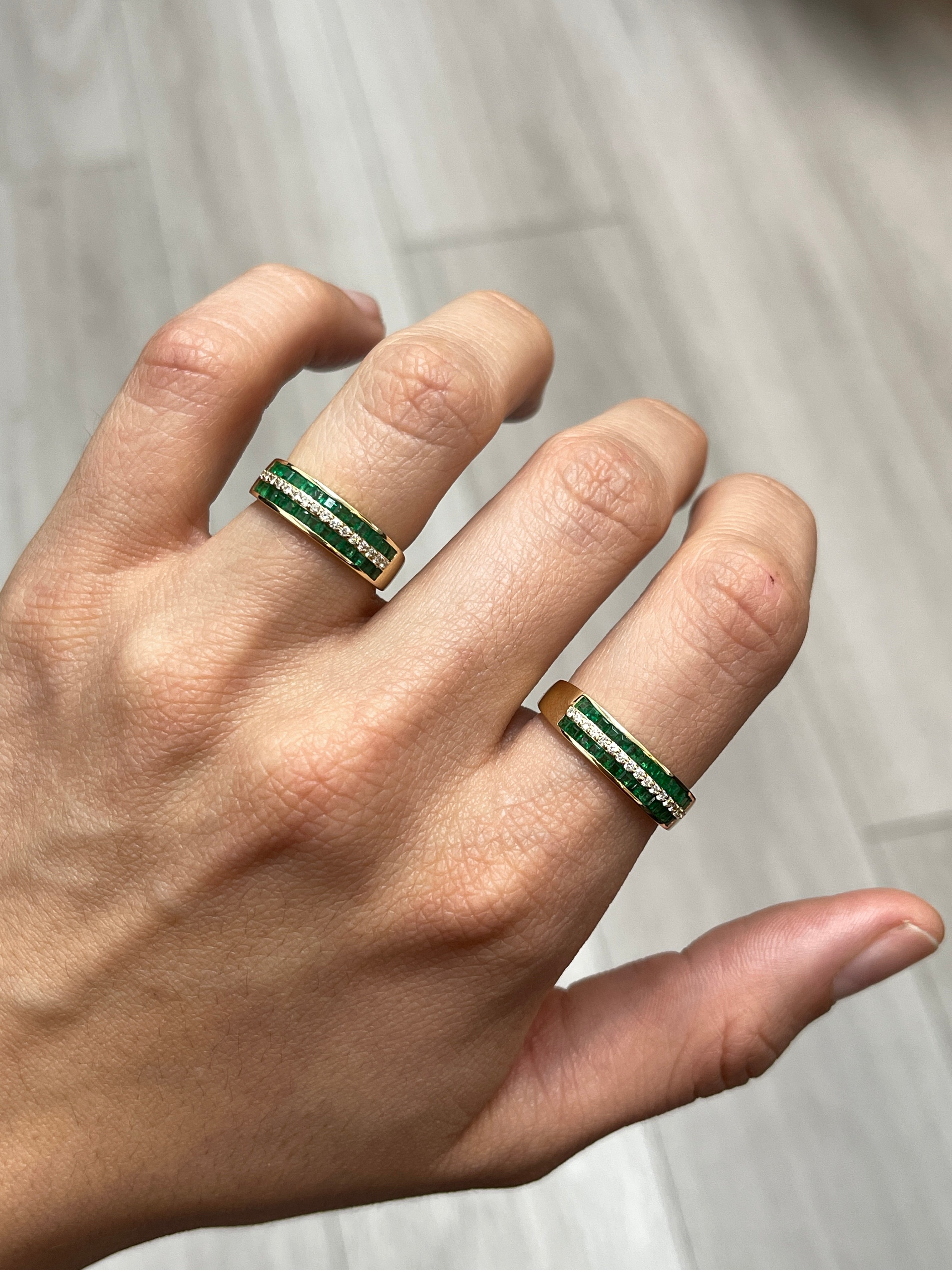 14K Gold Three Row Square Emerald & Diamond Wedding Band - 6mm Wide Elegant Stackable Ring for Bridal, Anniversary & Special Occasions