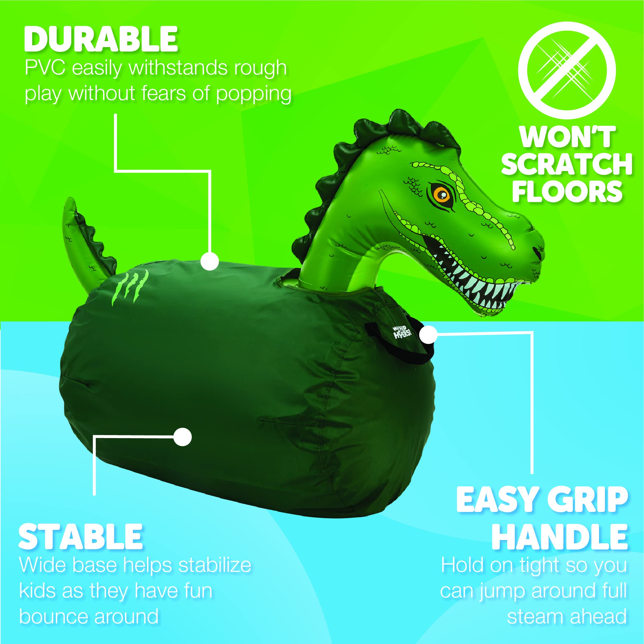 WADDLE Large Inflatable Bouncy Hopper Ride-On Toy - Durable Indoor/Outdoor Bouncy Horse for Kids Ages 5+, Supports Up to 250lbs - Fun Dinosaur Toy with Easy-Grip Handles for Boys & Girls - Perfect for Backyard Play, Birthday Parties & Active Playtime (Trex)