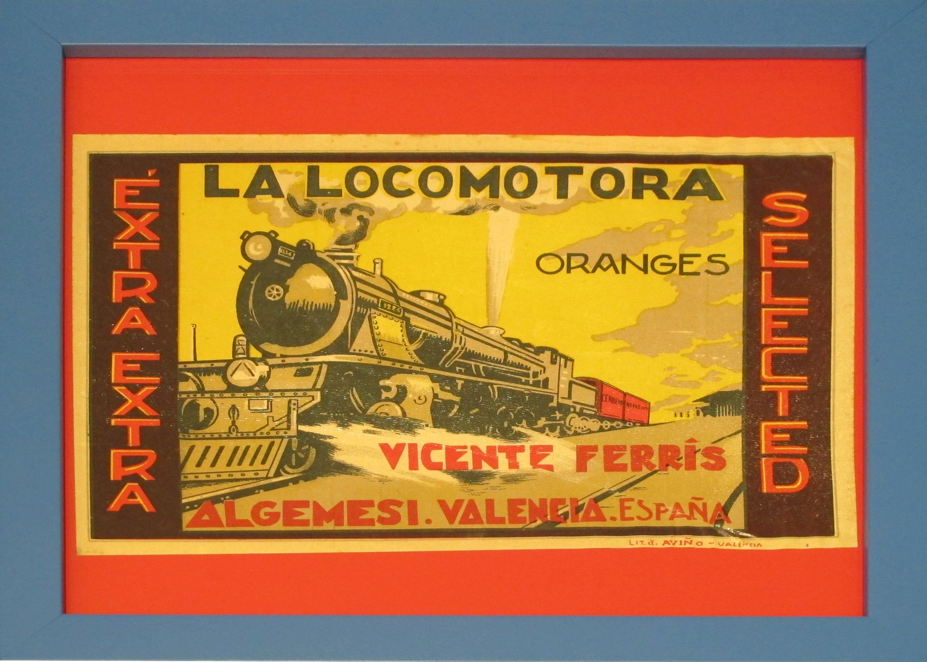 1920's Original Vintage Spanish Fruit Crate Label - La Locomotora Oranges Framed Art Print | Antique Citrus Farm Decor for Kitchen, Dining Room & Farmhouse Style