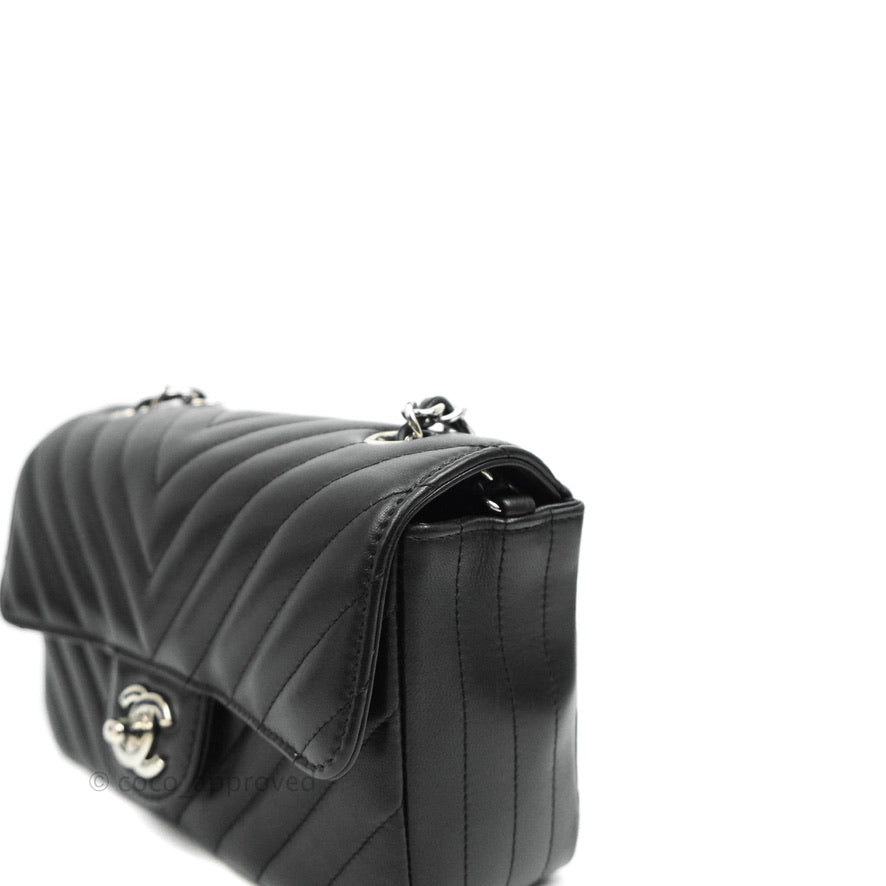 Chanel Chevron Mini Rectangular Flap Bag in Black Lambskin Leather with Silver Hardware - Perfect for Evening Events & Luxury Fashion Accessories