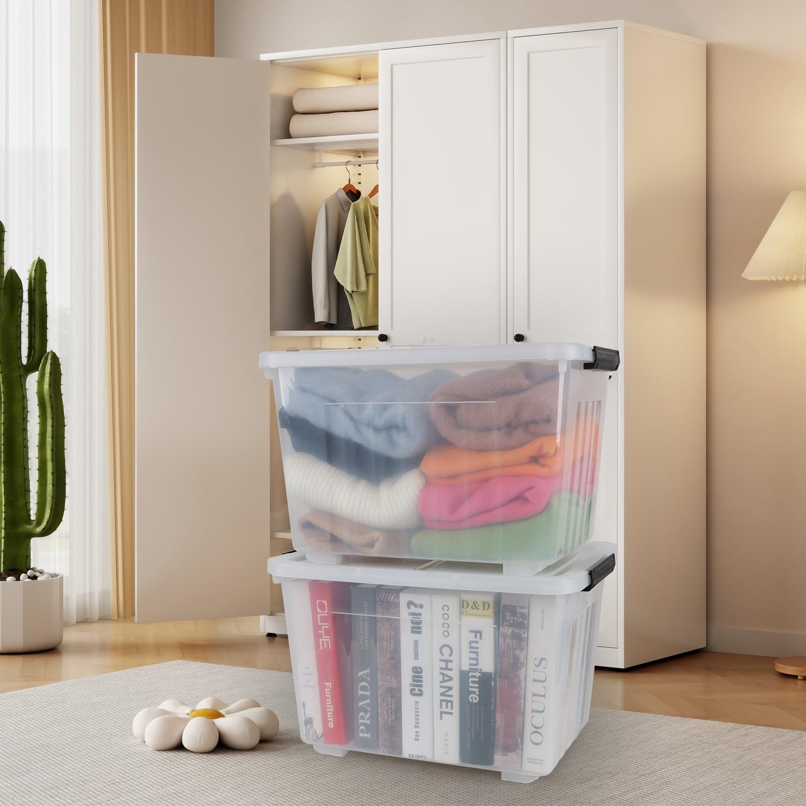 Xyskin 50 Quart Large Clear Storage Bins with Lids - 4 Pack Plastic Storage Containers with Wheels for Home Organization, Garage, Closet & Office Supplies Storage