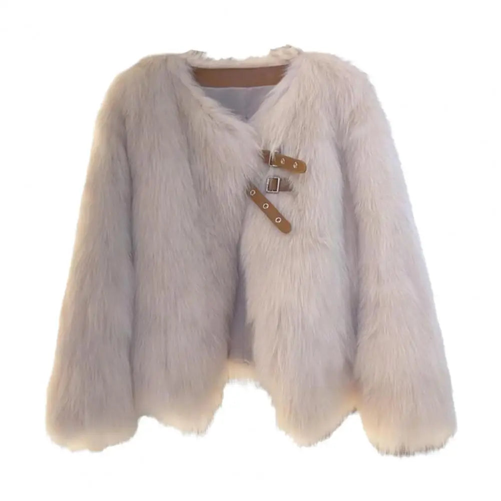 Warm Faux Fur Knit Cardigan Coat for Women - Cozy Winter Long Sleeve Sweater Jacket with Buckle & Strap Decor | Perfect for Fall/Winter Fashion, Office Wear & Casual Outings