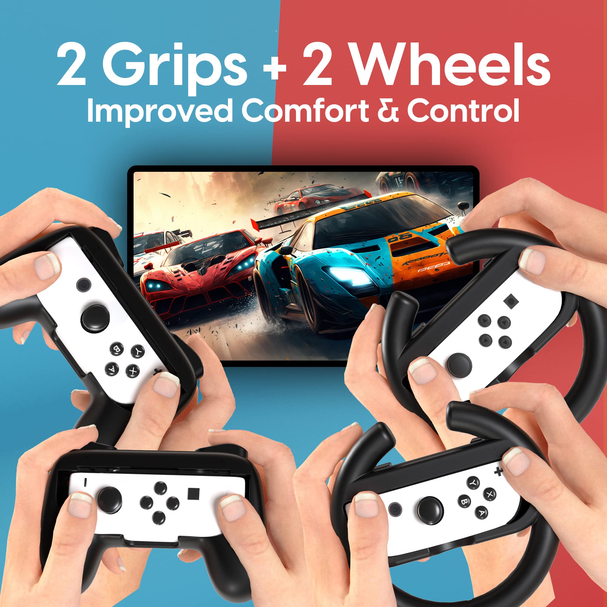 TalkWorks Super Combo Pack for Nintendo Switch OLED - 2 Grips, 2 Wheel Controller Grips, 2 Game Card Holders, 1 Charging Dock, Thumb Grips, USB-C Cable, Universal Stand & Screen Protector | Perfect for Gaming on the Go, Travel & Multiplayer Sessions