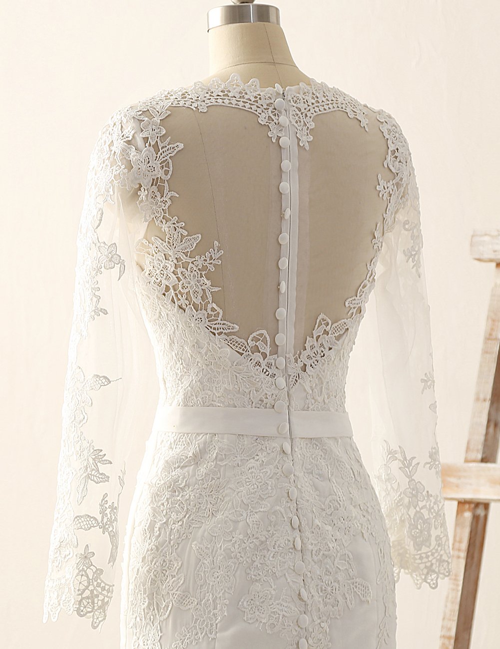 JAEDEN Elegant Long Sleeve Mermaid Wedding Dress with Lace Details and Belt - Perfect for Bridal Ceremony, Formal Events & Photoshoots