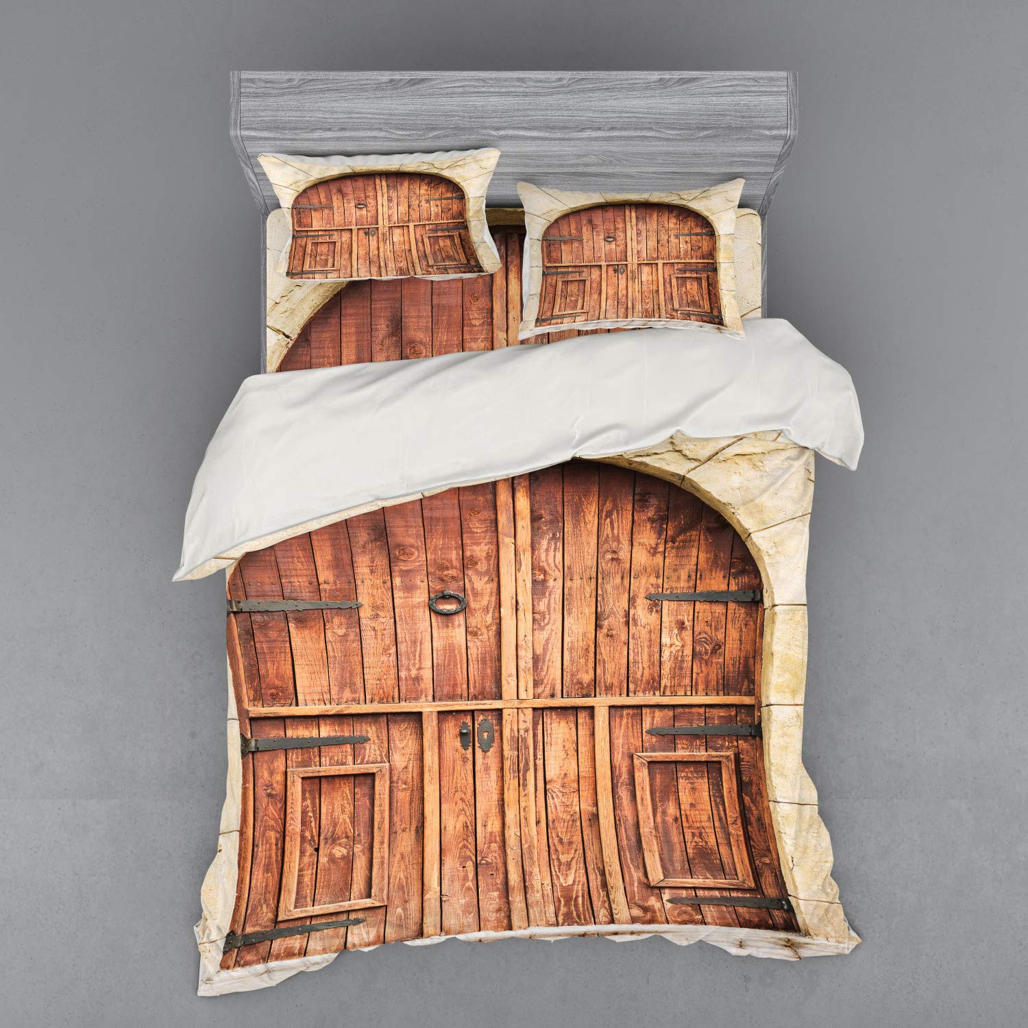 Ambesonne Rustic Bedding Set - Queen Size 4-Piece Duvet Cover with Shams & Fitted Sheet, Traditional Oak Doorway Stone Facade Design in Cream Brown | Handmade Artisan Bedroom Decor for Farmhouse, Cottage & Vintage Style Homes