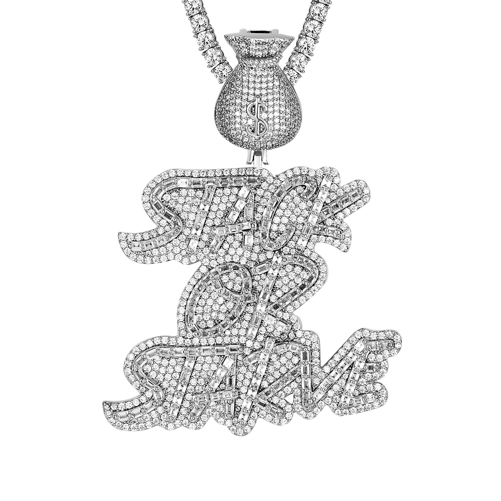 Sterling Silver Stack or Starve Money Dollar Bag Icy Pendant Necklace - Elegant Hip Hop Jewelry for Men & Women - Perfect for Gifts, Parties, and Streetwear Fashion