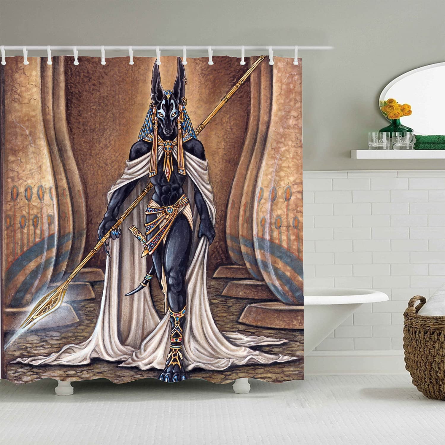 Anubis Egyptian God Shower Curtain - Waterproof Bathroom Decor with Blue & White Design - 60 x 72 Inches for Unique Home & Apartment Bathroom Style - Perfect for Egyptian Theme Decor and Ancient History Lovers
