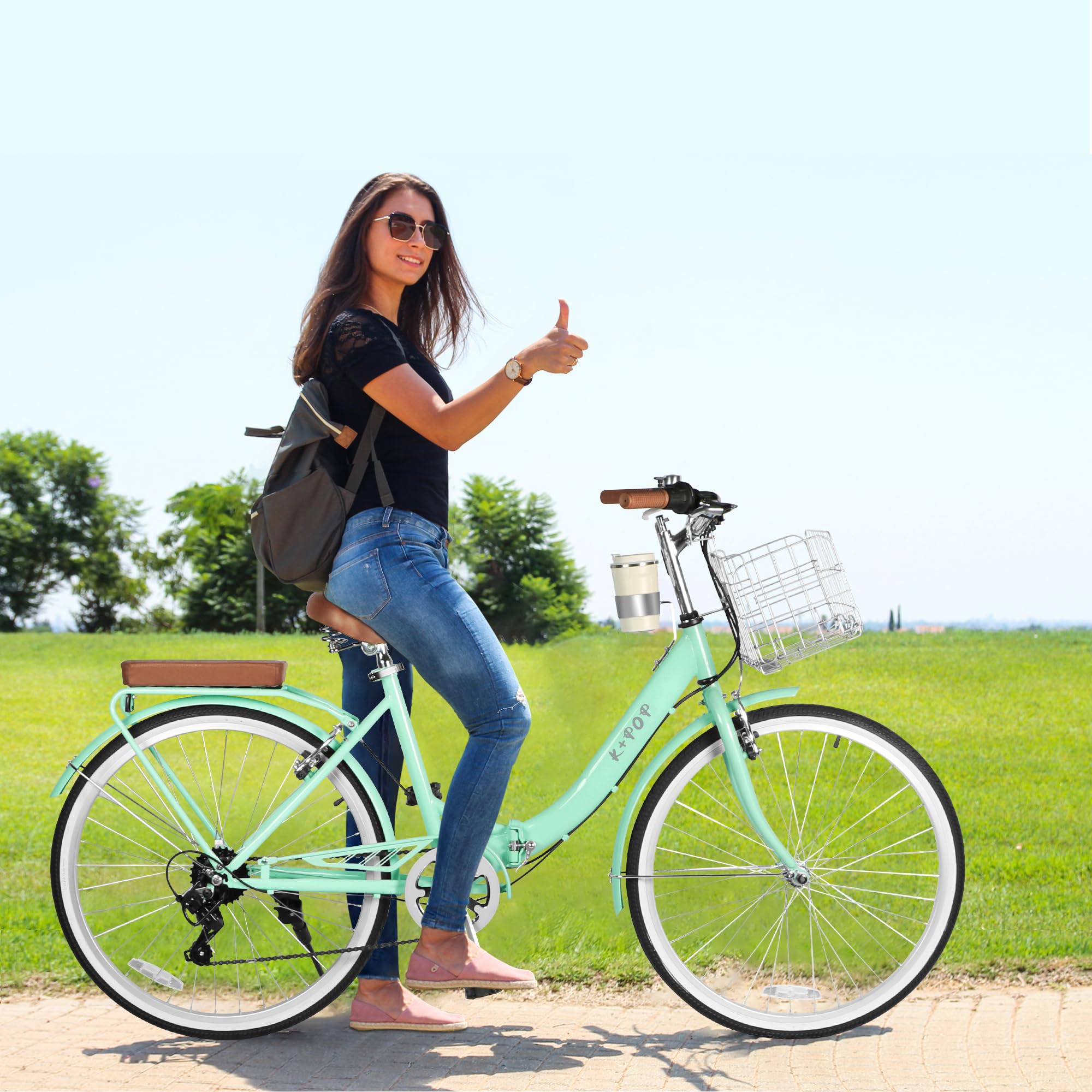 26 Inch Foldable Beach Cruiser Bike for Women - 7-Speed Commuter Bike with Detachable Cup Holder & Foldable Metal Basket - Stylish Ladies Folding Bike for Fitness, Vacation & City Riding (Green) - Perfect for Beach Outings, Daily Commutes & Leisure Cycling