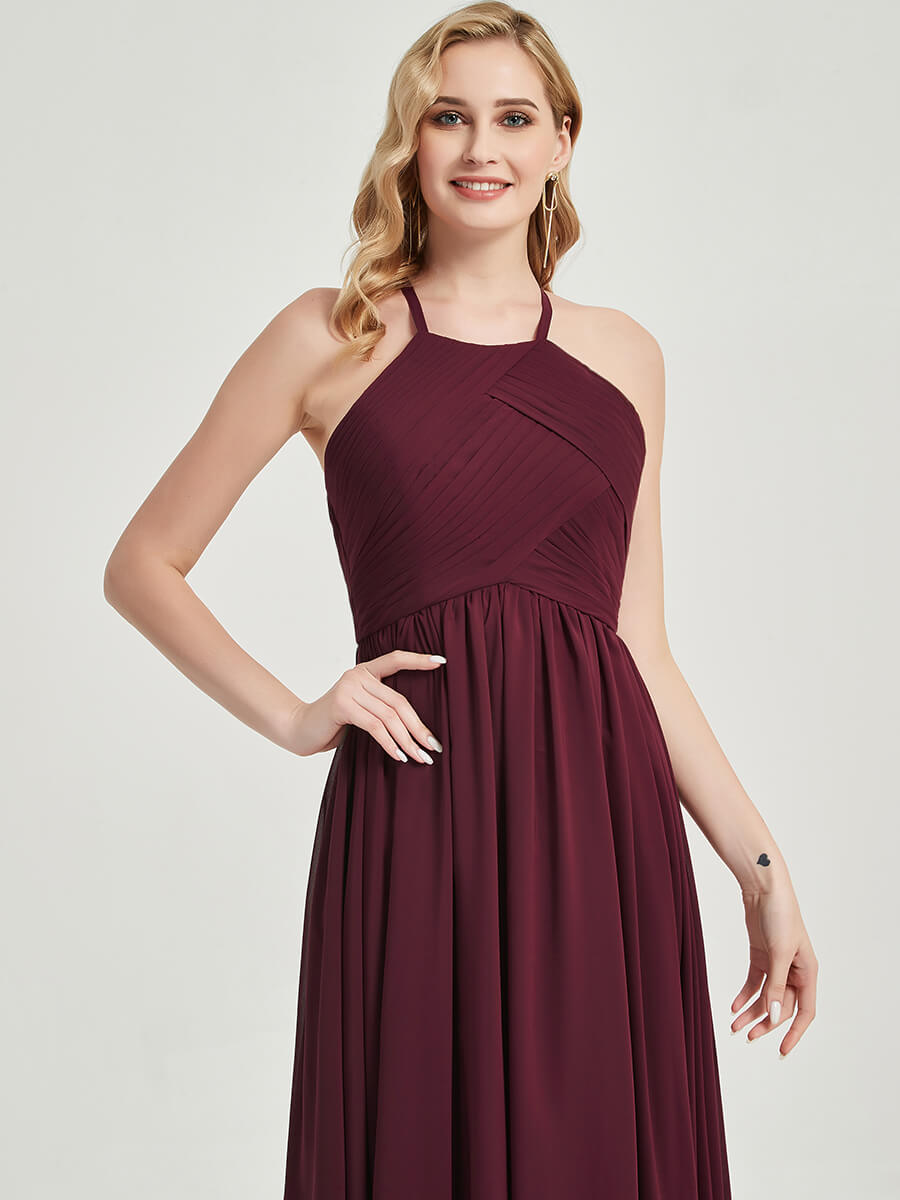 Elegant Dark Navy Halter Pleated Keyhole Back Chiffon Maxi Bridesmaid Dress for Weddings & Formal Events - Perfect for Summer Beach Weddings, Evening Galas, and Special Occasions