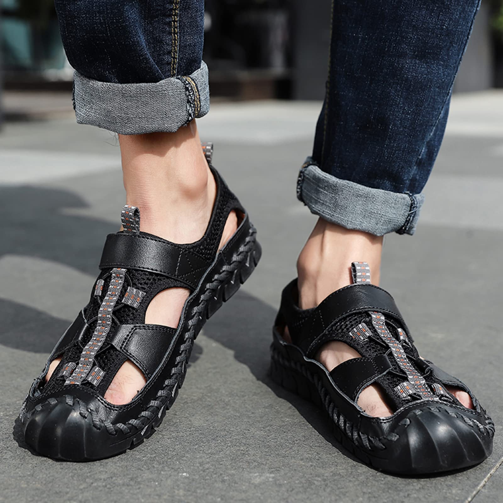 **Men's Leather Fisherman Sandals - Breathable Closed Toe Beach Shoes for Summer | Non-Slip Water Sandals for Hiking, Walking & Outdoor Activities | Handmade Comfortable Anti-Collision Athletic Slides**    *(Perfect for beach trips, hiking adventures, casual walks, and water sports – lightweight and durable for all-day wear!)*